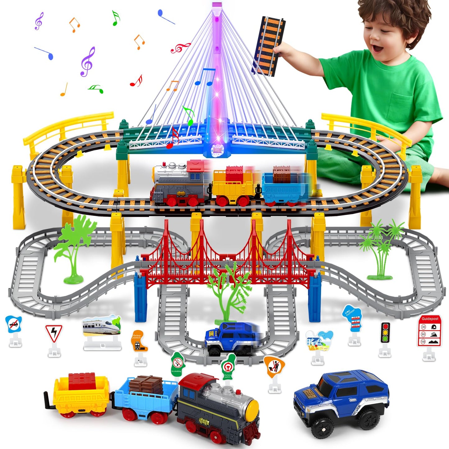 Electric Train Set for Kids 4-8 with Tracks, Lights, Sound, Bridge & Road Signs – Realistic Train Playset for Boys’ Birthday Gifts