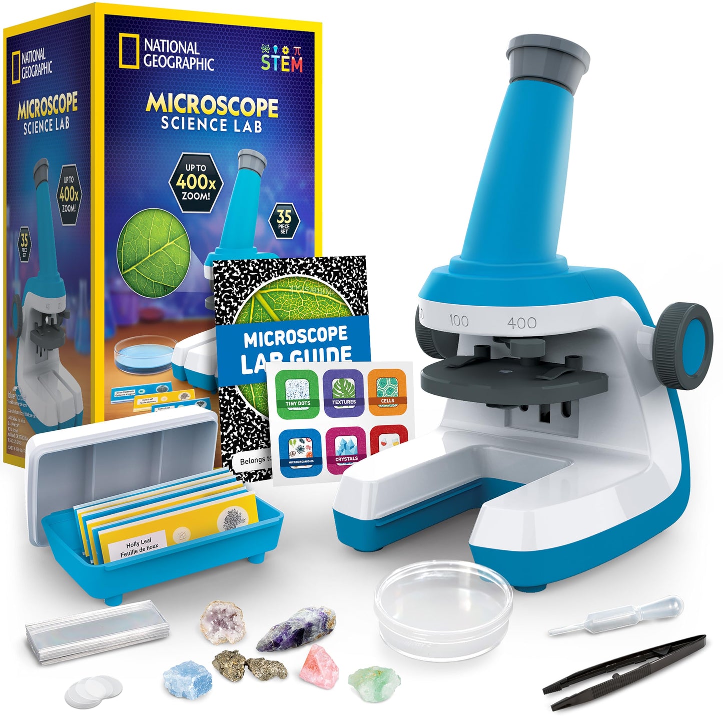 National Geographic Kids Microscope Science Kit – 400x Zoom, Blank & Prepared Slides, STEM Toy Gift for Ages 6–10 | Amazon Exclusive
