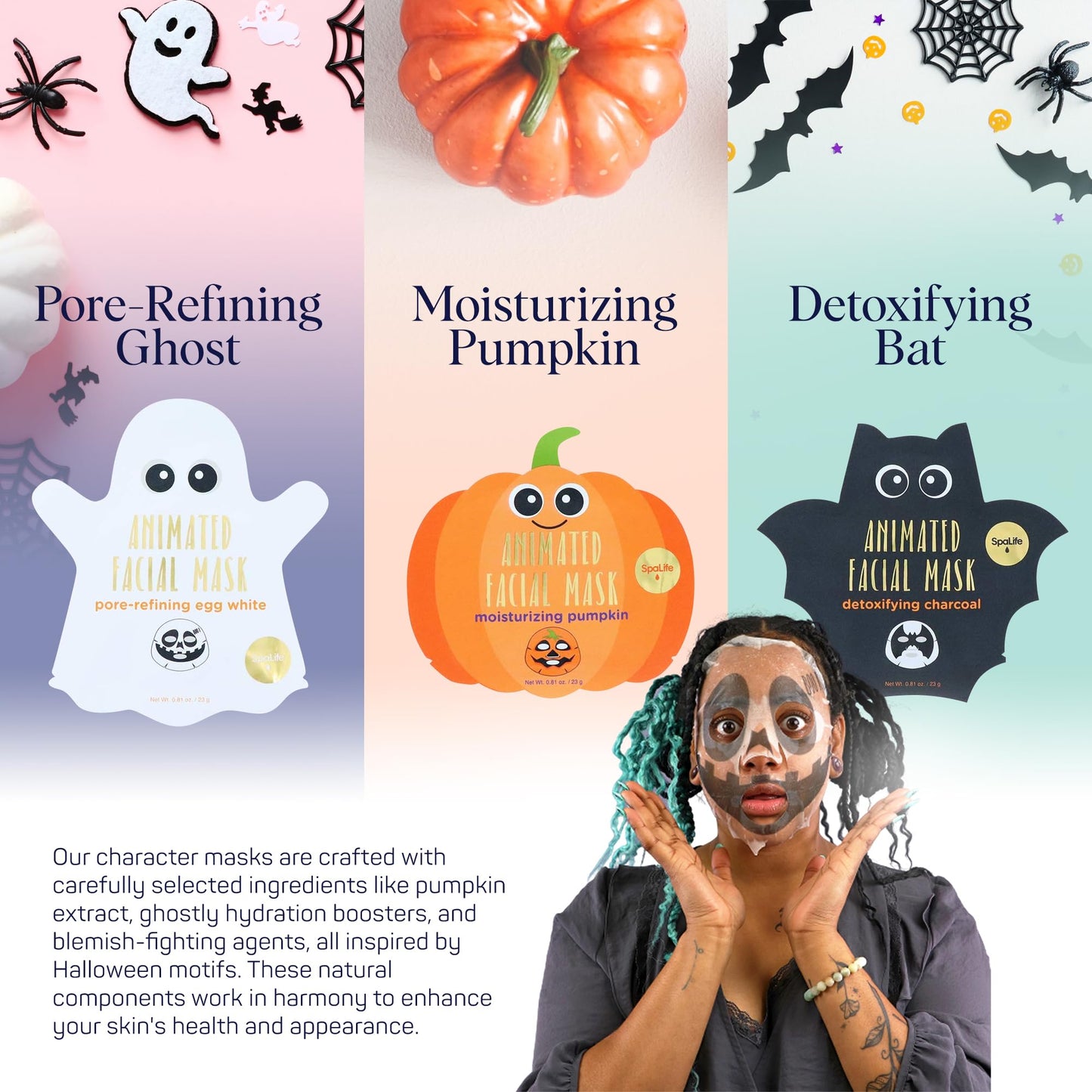 SpaLife Halloween Facial Mask Sheet Bundle – Pumpkin, Ghost & Bat Moisturizing Face Masks for Women – Hydrating Skincare Spa Beauty Pack