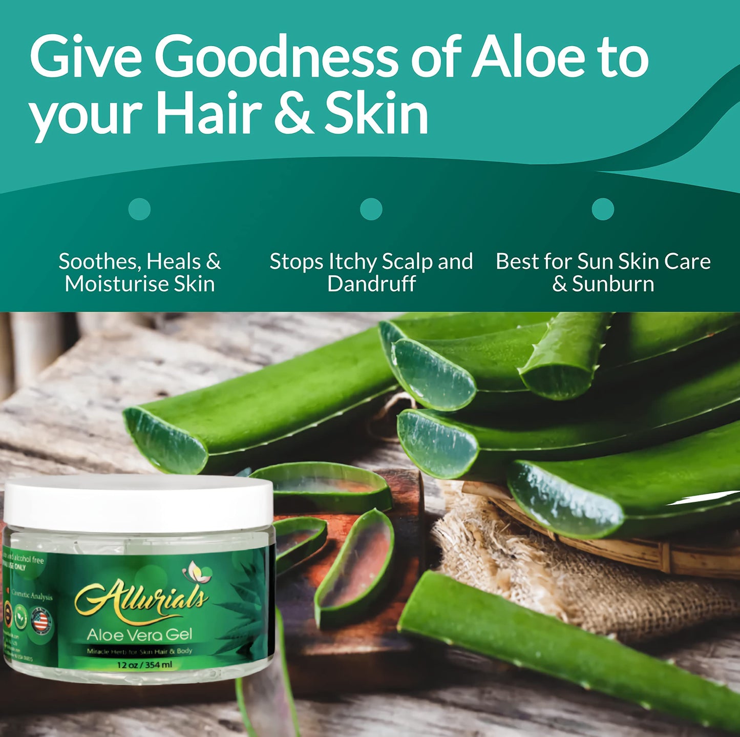 Allurials 99.75% Pure Organic Aloe Vera Gel, Made in USA, Clinically Tested, Dermatologist Approved, Hydrates & Heals Skin & Hair, 12oz
