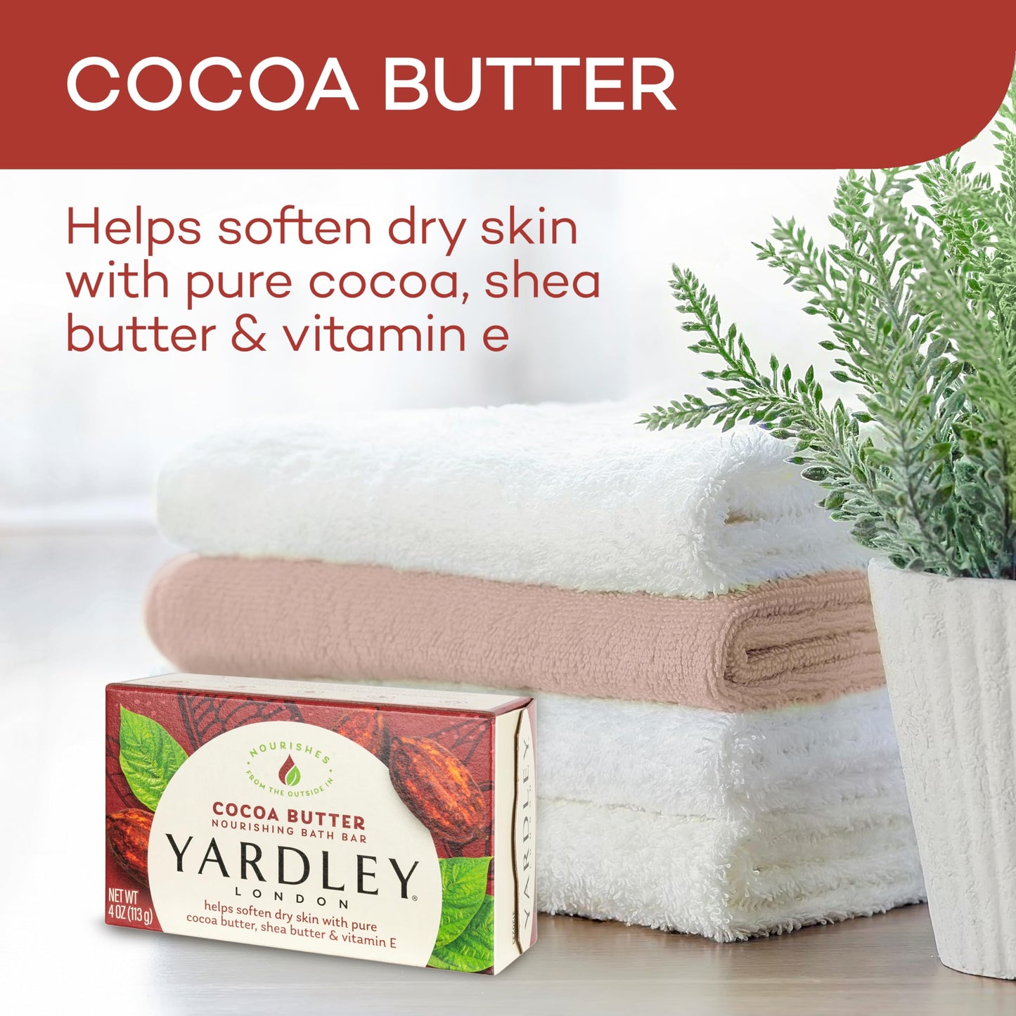 Yardley London Cocoa Butter Bath Soap Bar 4 oz – Nourishing Bar with Shea Butter & Vitamin E, Softens Dry Skin, Single Soap Bar