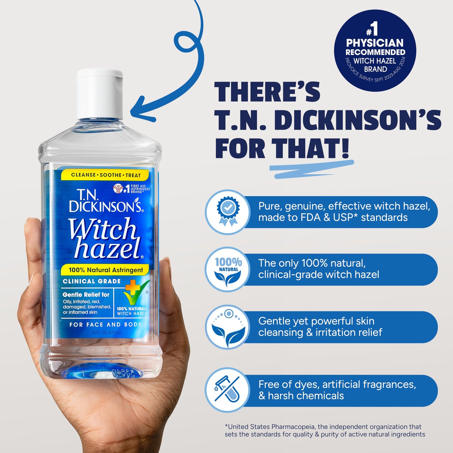 T.N. Dickinson's Witch Hazel 100% Natural Astringent, Fragrance-Free, Cleanses & Soothes Face & Body, Clinical Grade, 8 fl oz