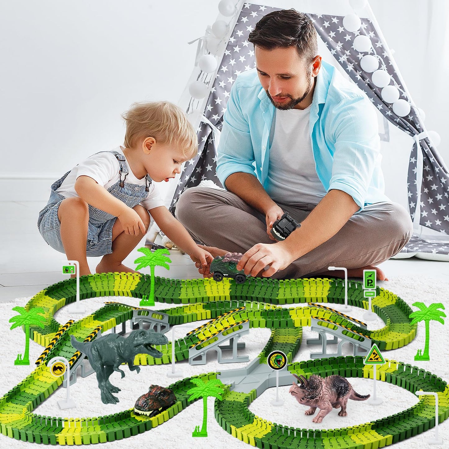 Dinosaur Toys,Create A Dinosaur World Road Race,Flexible Track Playset and 2 pcs Cool Dinosaur car for 3 4 5 6 Year & Up Old boy Girls Best Gift