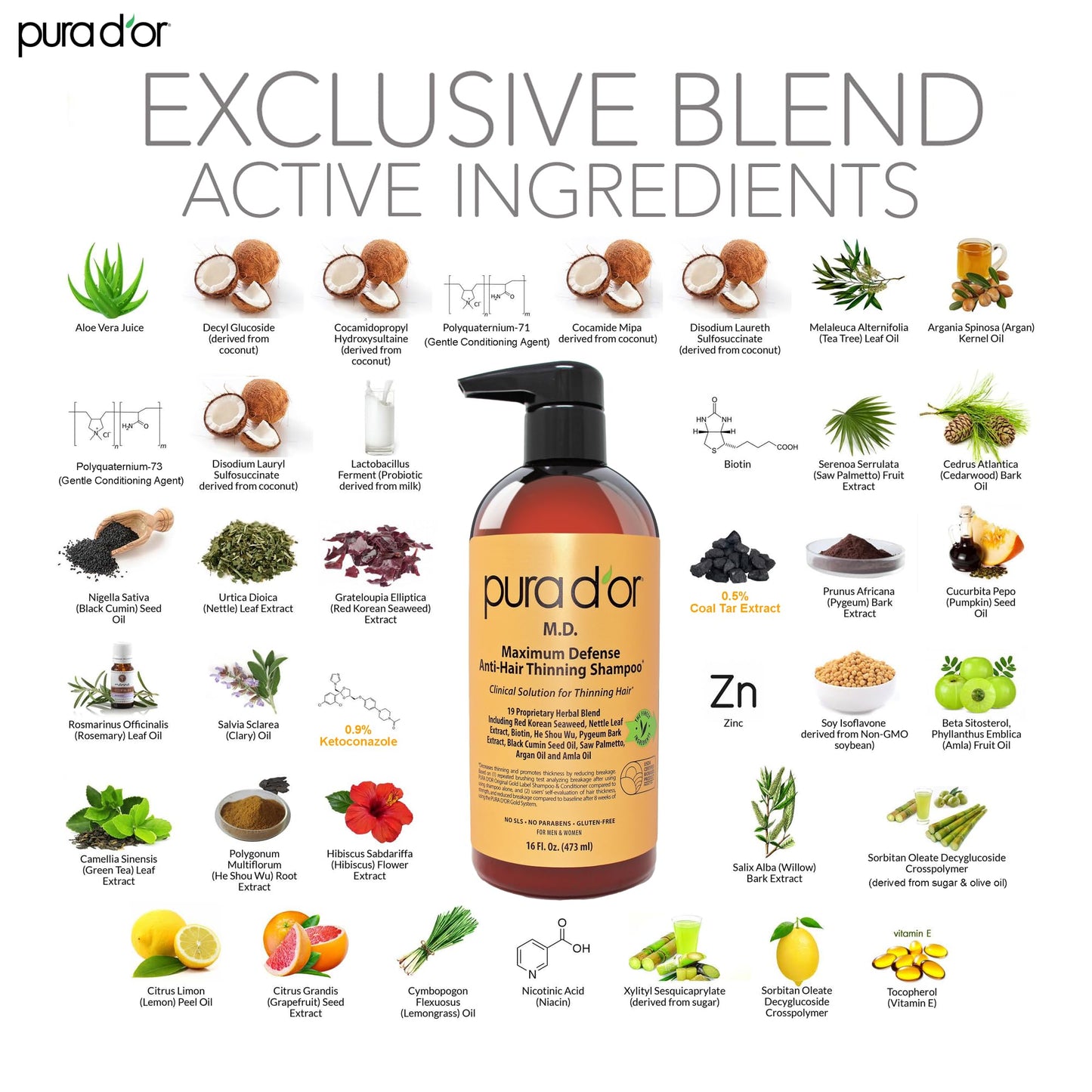 PURA D'OR MD Anti-Hair Thinning Shampoo 16oz – 0.5% Coal Tar, Biotin & Herbal Blend for Dry, Itchy Scalp – Sulfate-Free for Men & Women