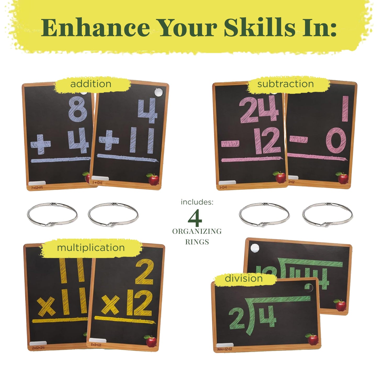 Star Right Math Flash Cards Set of 4 – Addition, Subtraction, Multiplication & Division, 208 Cards with 4 Rings for Kids 6+ (1st-4th Grade)