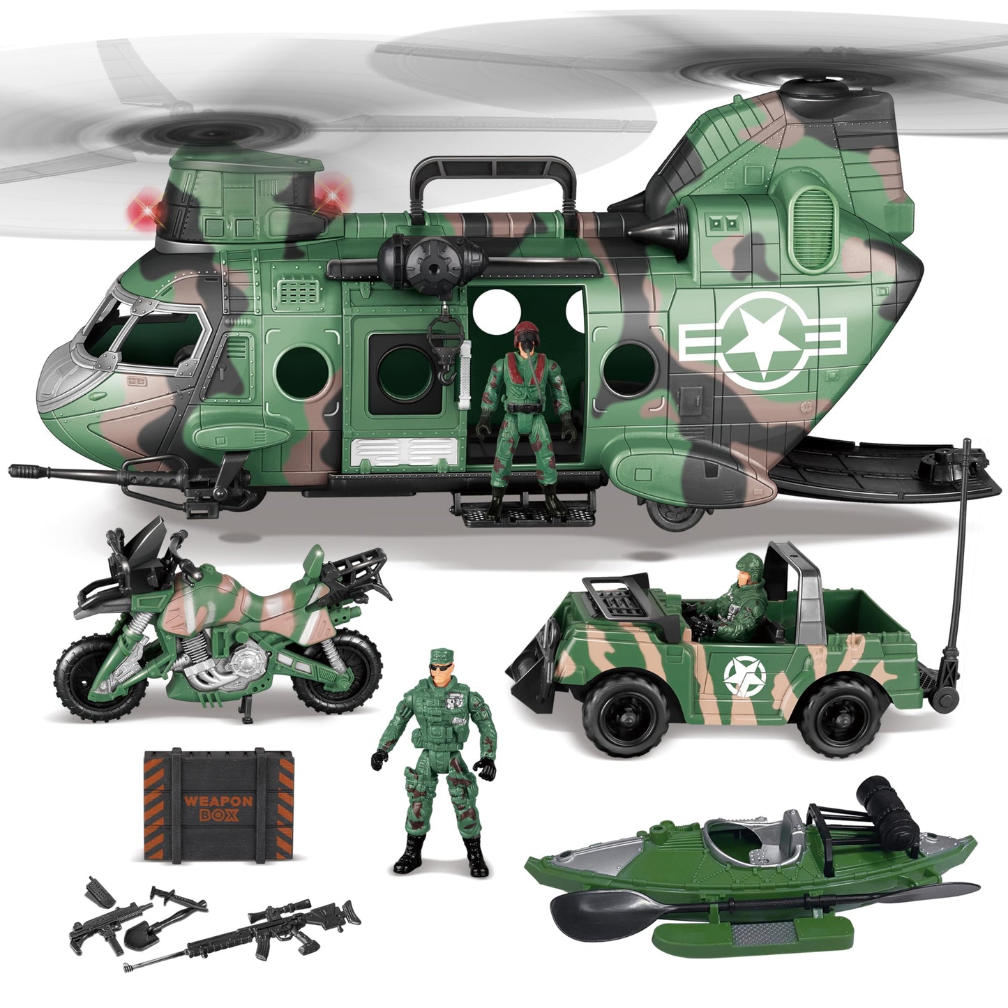 JOYIN 10-in-1 Military Helicopter Toys Set with Light, Sound, Trucks, Boat, Bike, Army Men, Weapons - Christmas Birthday Party Gifts for Kids