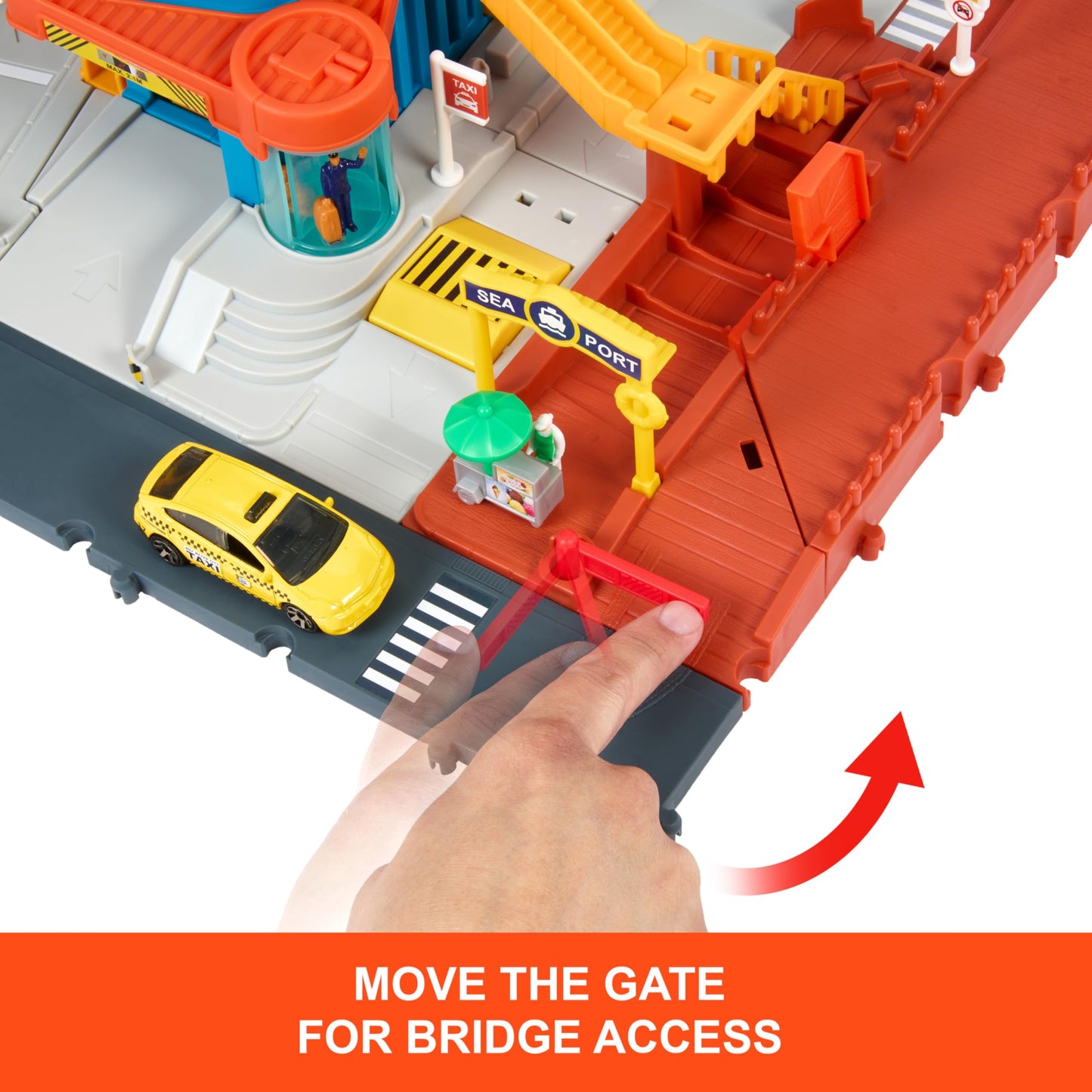 Matchbox Toy Vehicles & Playset, Transportation Center with 5 Levels, Kid& Car-Activated Features, Includes 1:64 Scale Taxi, Boat & Helicopter & Food Vendor Accessory