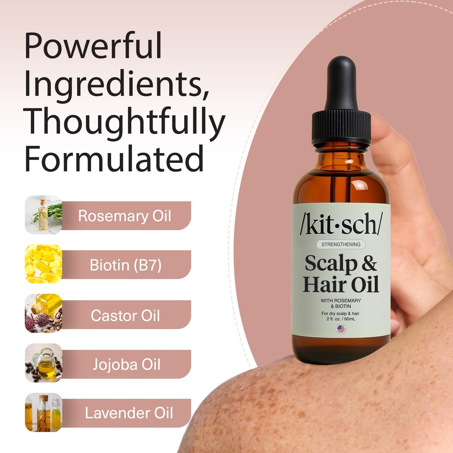 Kitsch Rosemary Oil Pre-Wash Strengthening Hair Oil with Castor, Biotin, Jojoba, Lavender Scent, 60ml