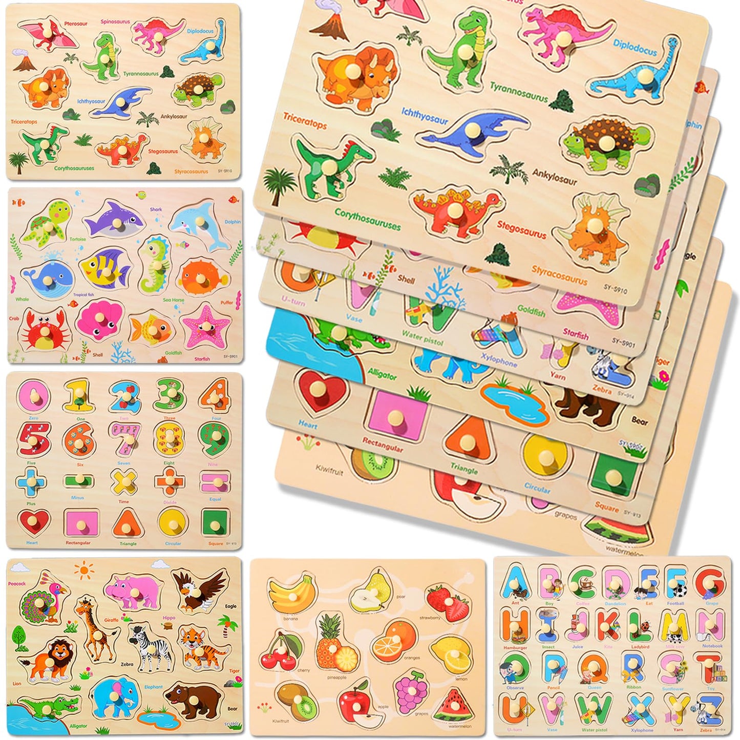 LOYUEGIYO 6PCS Toddler Wooden Peg Puzzles – Educational Sensory Toy for Kids Ages 2-5, Includes Dinosaur, Ocean, Alphabet, Numbers & More
