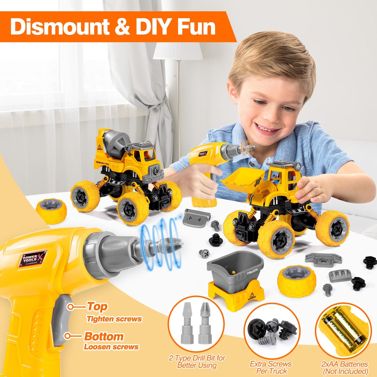 LUDILO 4PCS Take Apart Toys with Electric Drill – DIY Construction Trucks for Kids 3-8, STEM Learning, Educational Gift for Boys & Girls