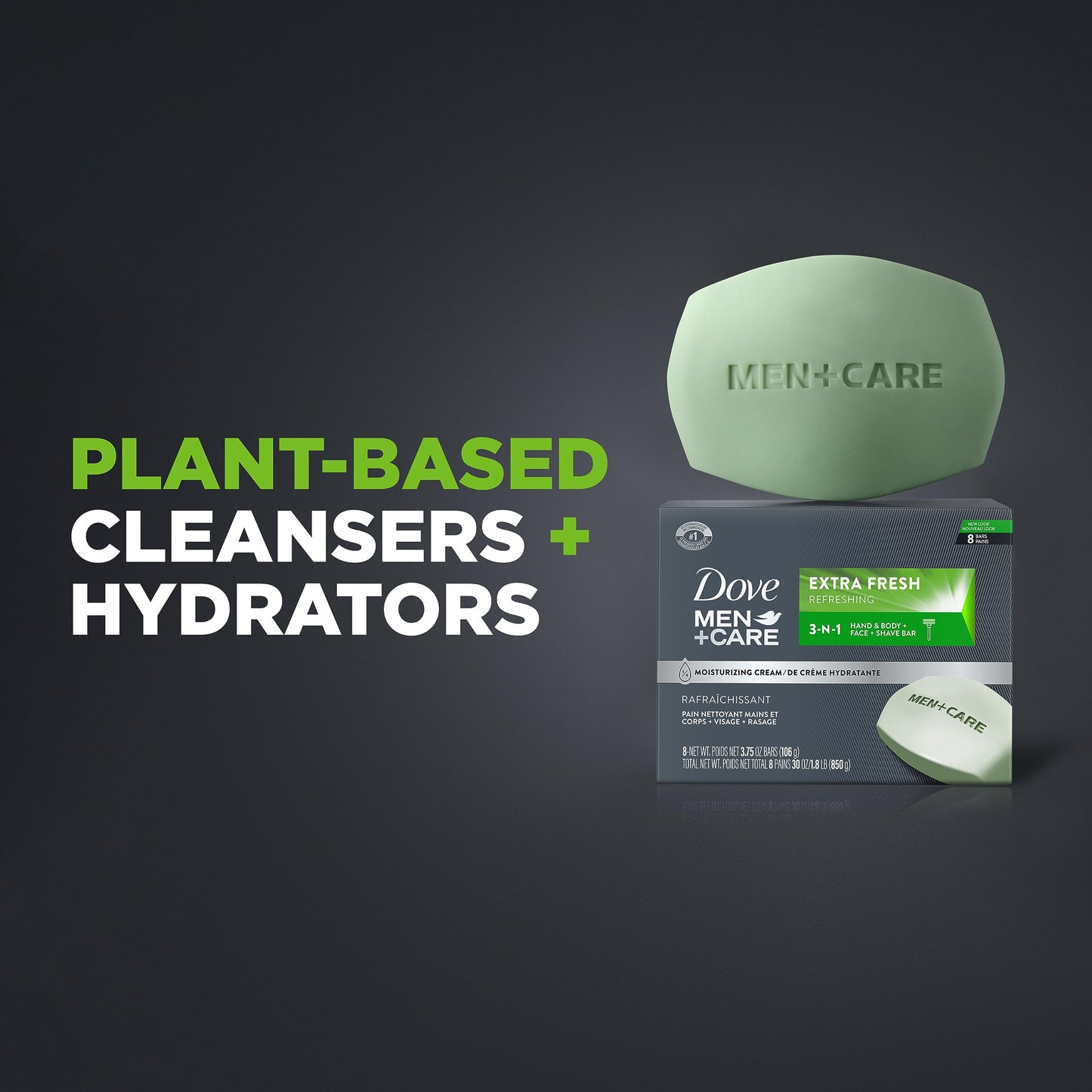 DOVE MEN+CARE 3-in-1 Bar Cleanser for Body, Face & Shaving, Extra Fresh, Moisturizing Soap Alternative, 3.75oz, Pack of 8