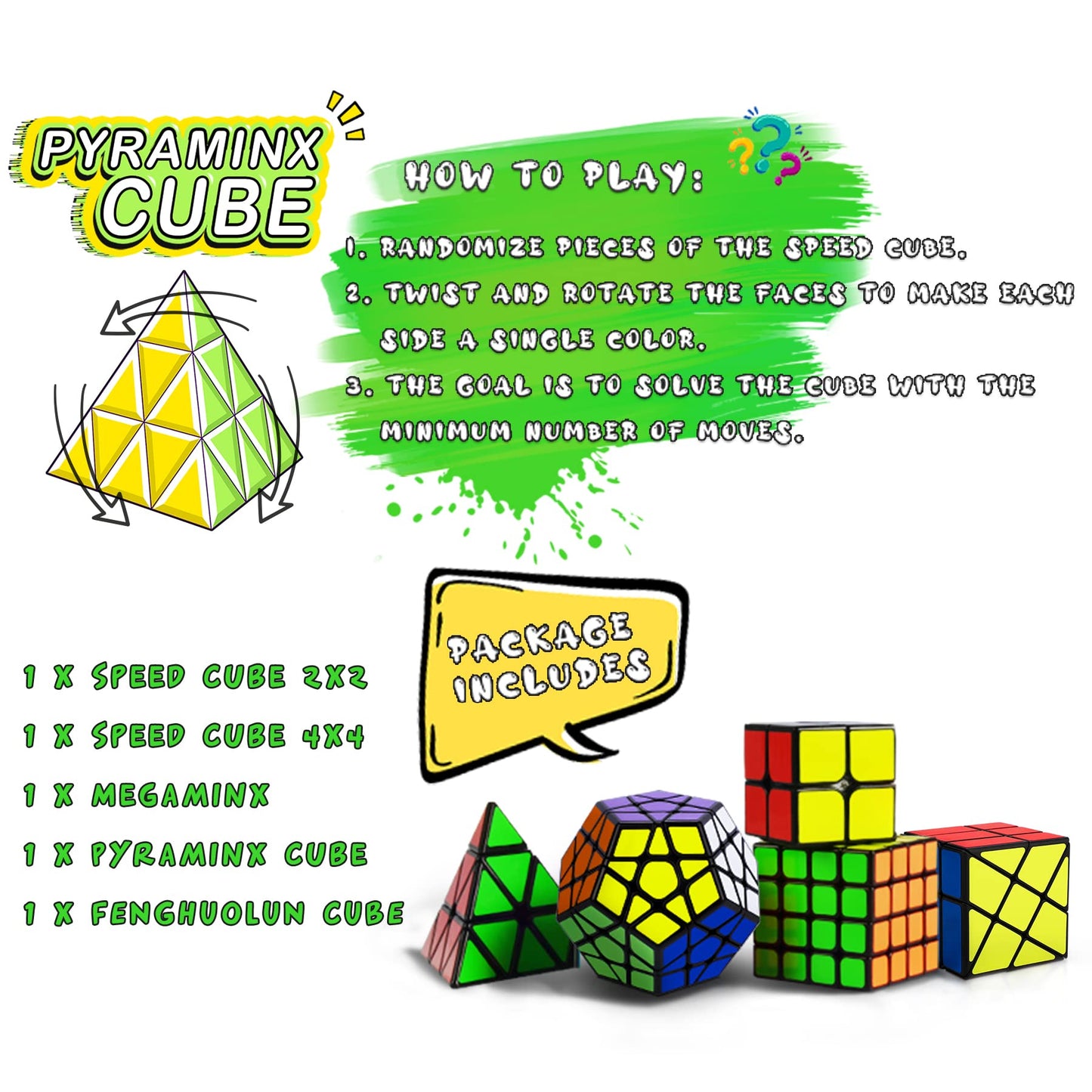 Speed Cube Set, Puzzle Cube, Magic Cube 2x2 4x4 Pyraminx Pyramid Megaminx Fenghuolun Puzzle Cube Toy Gift for Children Adults, Pack of 5