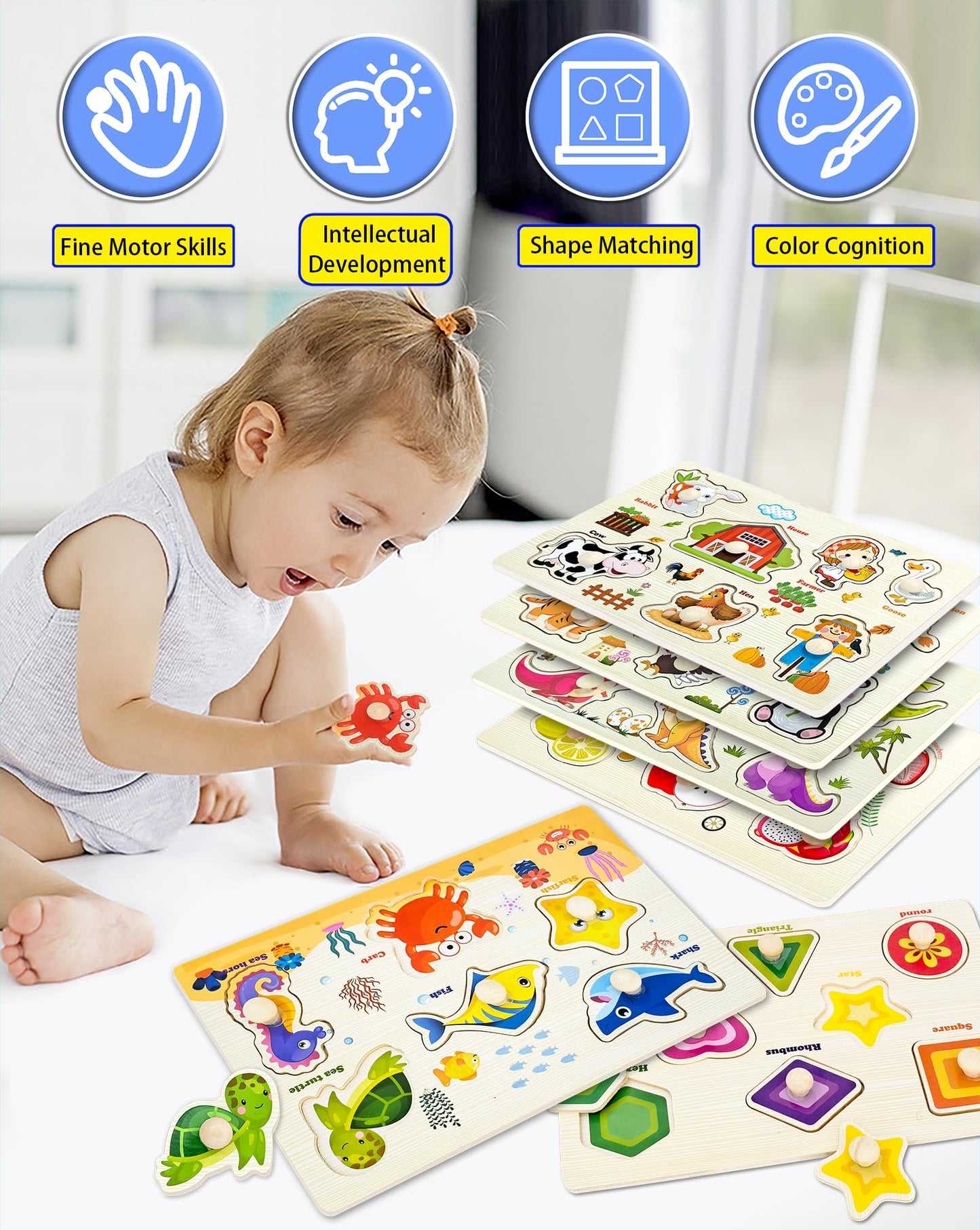 Wooden Peg Puzzles for Toddlers – 6 Montessori Learning Sets: Shapes, Farm, Sea, Dinosaurs, Fruits & Animals, Fine Motor Toys for Kids