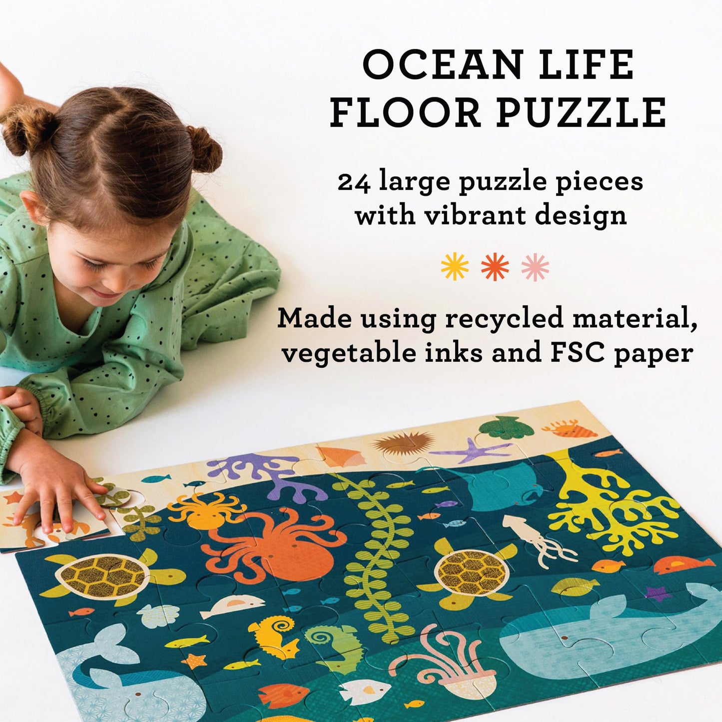 Petit Collage Floor Puzzle Ocean Life 24 Pieces | Large Puzzle for Kids | Completed Puzzle 18" x 24" | Great Gift for Kids Ages 3+