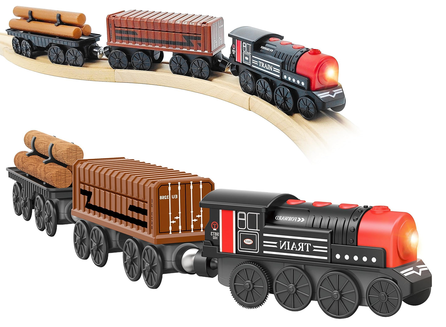 Motorized Wooden Train Set, 3 Battery-Powered Trains for Toddlers 3+, Compatible with Thomas, Brio & Chuggington Tracks