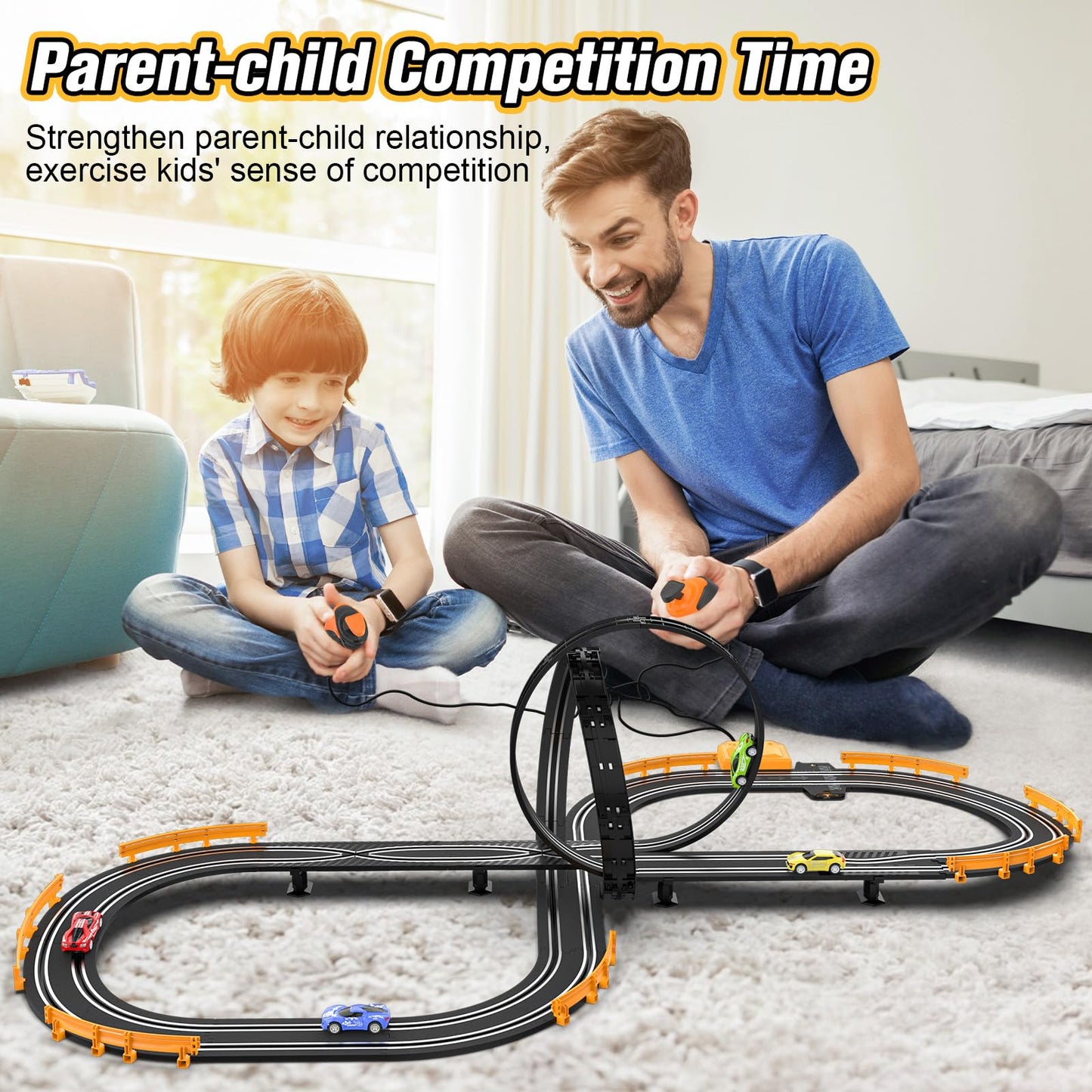 High-Speed Slot Car Race Track Set for Kids – 4 Cars, Dual Controllers, Battery/Electric Circular Overpass Track, Toys & Gifts for Boys & Girls
