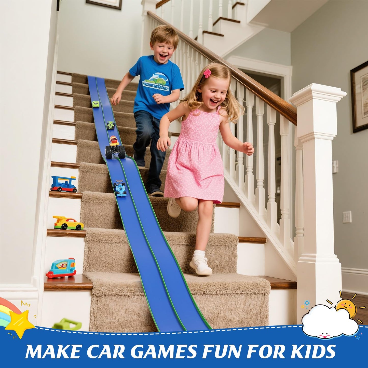 Flexible 15ft Race Car Track Starter Set with Suction Cups, 1:64 Diecast Cars, Portable Roll-Up Racetrack for Kids Ages 3+ (Blue & Green)