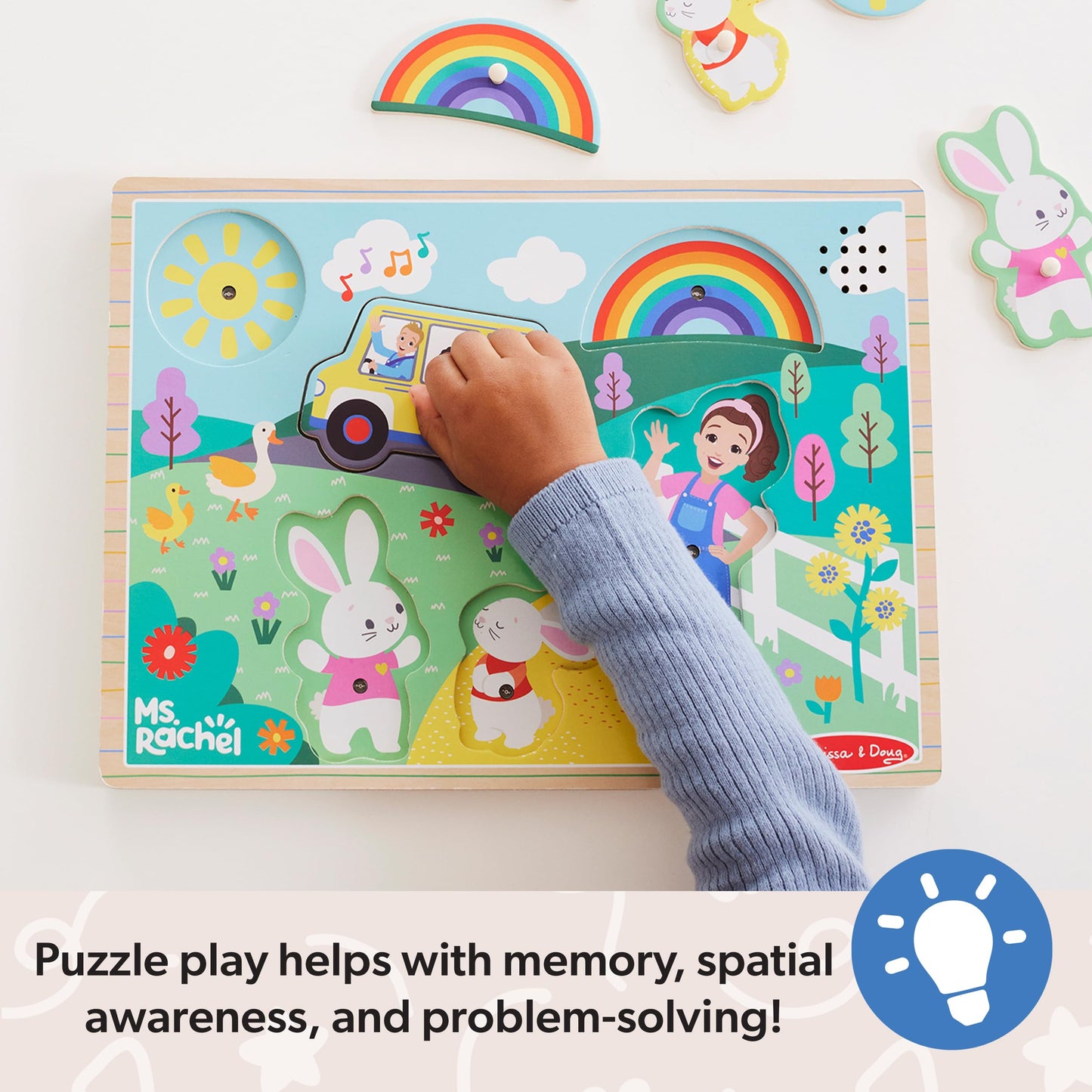 Melissa & Doug Ms. Rachel Wooden Song Peg Puzzle – 6-Piece Light-Activated Sound Puzzle, Toddler Toy for Ages 2-5+, FSC Certified