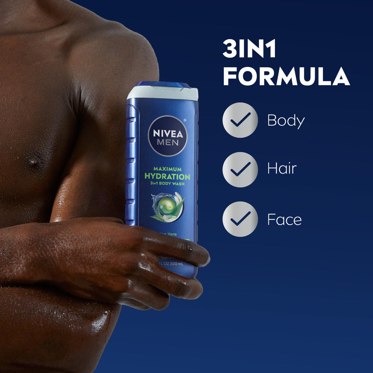 Nivea Men 3-in-1 Maximum Hydration Body Wash for Dry Skin, Aloe Vera, Face, Hair & Body, Paraben-Free, Vegan, 16.9oz, Pack of 3