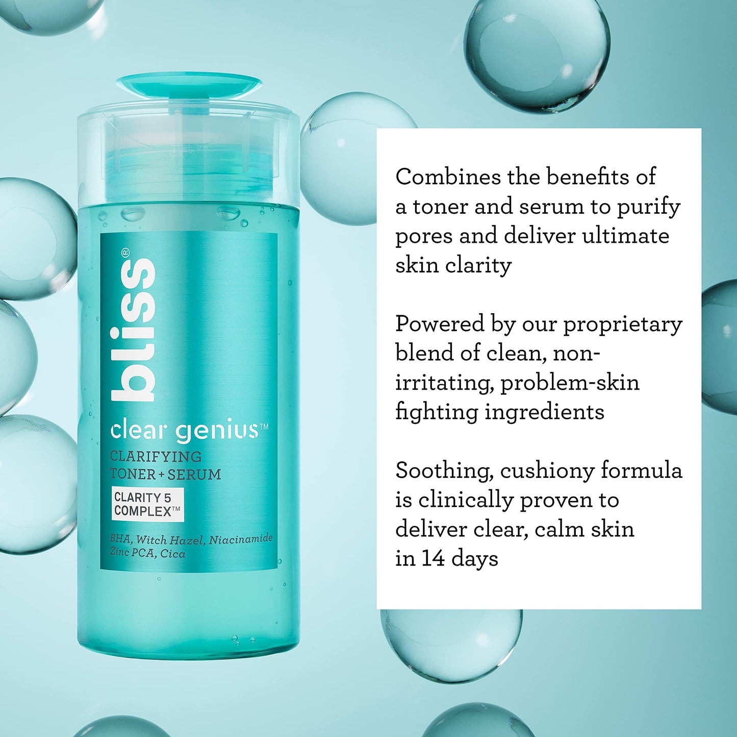 Bliss Clear Genius Clarifying Toner + Serum 4.3 fl oz – Pore Purifying, Calming & Clearing Formula with Salicylic Acid, Niacinamide & Witch Hazel