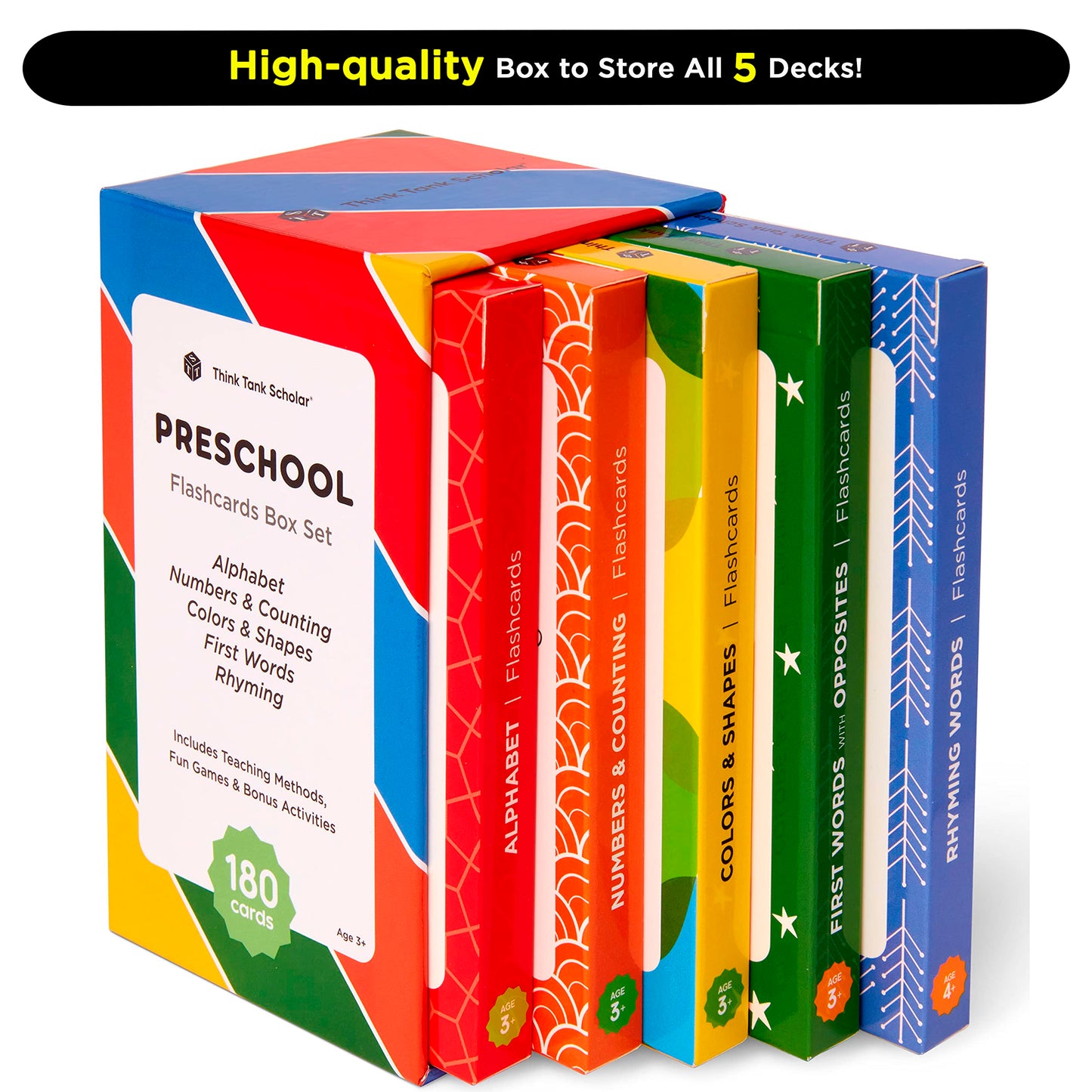 Award-Winning Preschool & Kindergarten Flash Cards – 5-Deck, 180 Jumbo Cards for ABC, Numbers, Colors, Shapes, Words & Rhymes (Ages 2–5)