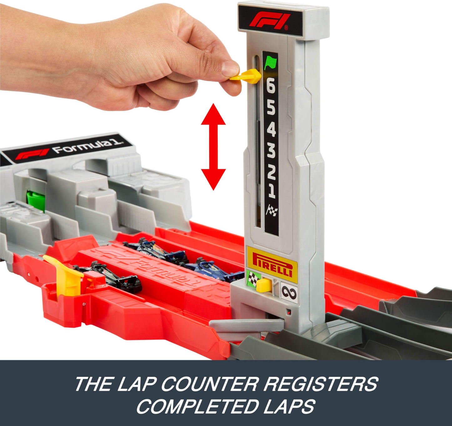 Hot Wheels Toy Car Track Set, Formula 1 Grand Prix Circuit Track Set with 3 1:64 Scale Die-Cast Toy Cars, Two Modes of Racing with a Motorized Booster