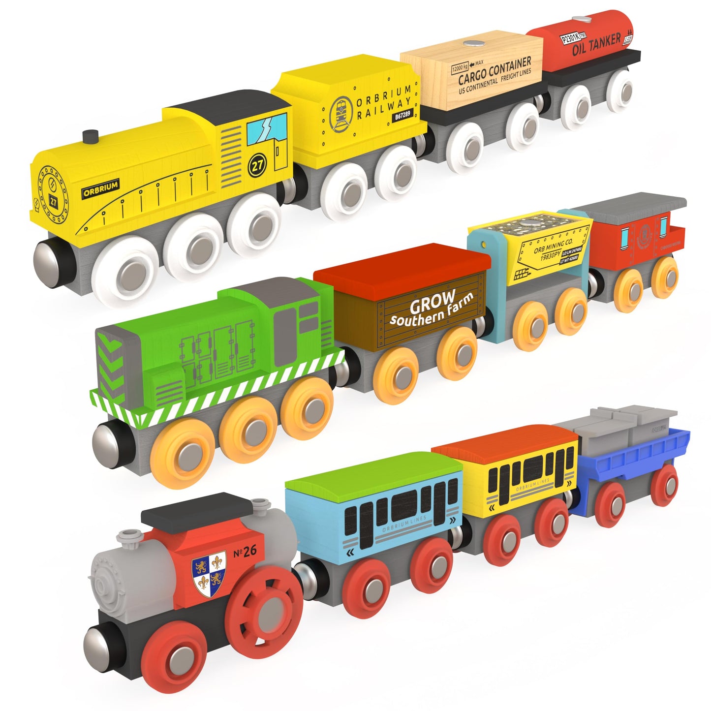 ORBRIUM Wooden Train Cars Gift Set with Storage Box & Tunnel – Compatible with Thomas & Friends, Brio, IKEA, Imaginarium, Melissa & Doug, Ages 3-7