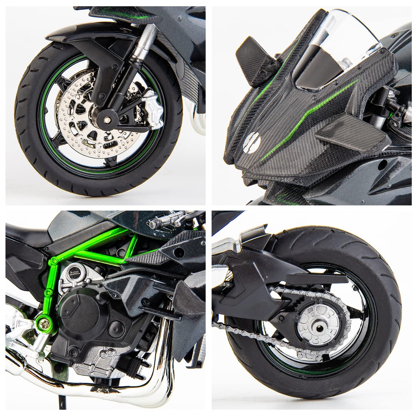 BDTCTK Compatible for 1:12 Kawasaki Ninja H2R Motorcycle DieCast Model, Suspension and Free Roller, Toy Car, Motorcycle Collection, Gift Black