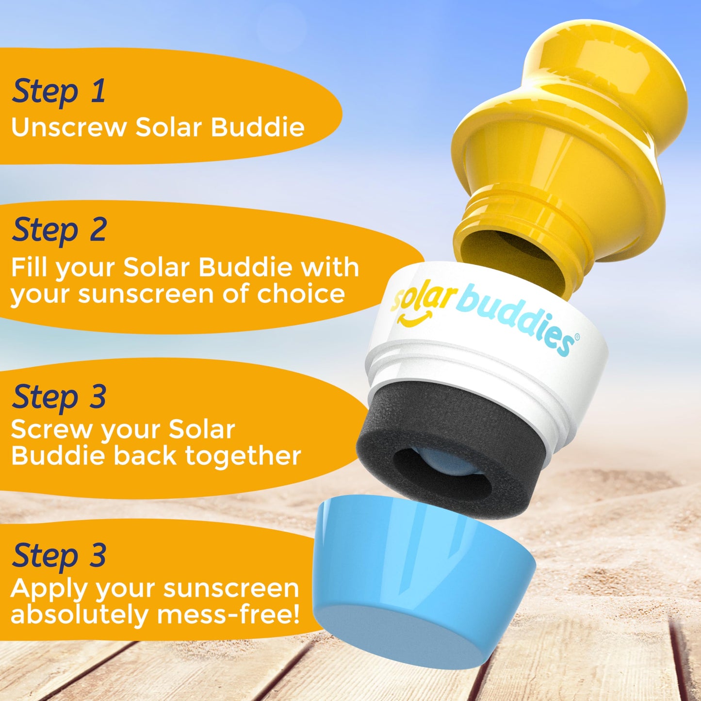Solar Buddies Refillable Sunscreen Applicator – Blue Roll-On Sponge for Kids & Adults, Travel-Friendly 3.4oz Suncream & Lotion Dispenser