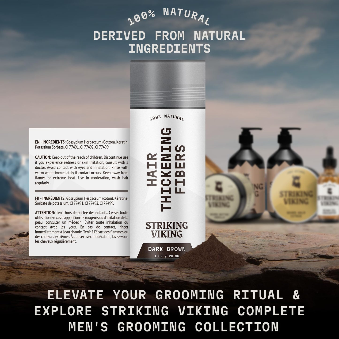 Striking Viking Hair Building Fibers for Thinning Hair - Dark Brown, 0.98 oz – Long-Lasting, Natural Hair Filler Powder for Men & Women