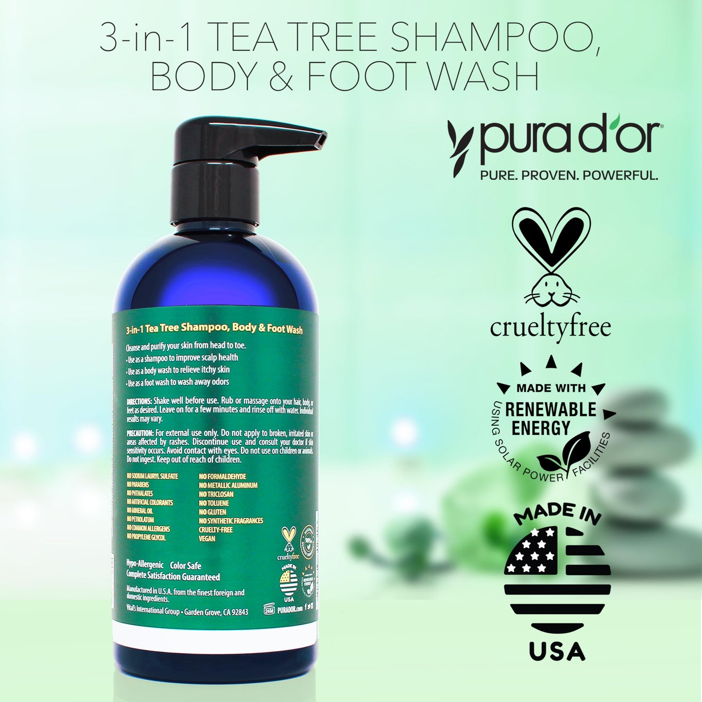 PURA D'OR 3-in-1 Tea Tree Shampoo, Body & Foot Wash – Cleansing & Refreshing Total Body Care for Odor Control, Post-Workout & Daily Hygiene, 16 Oz
