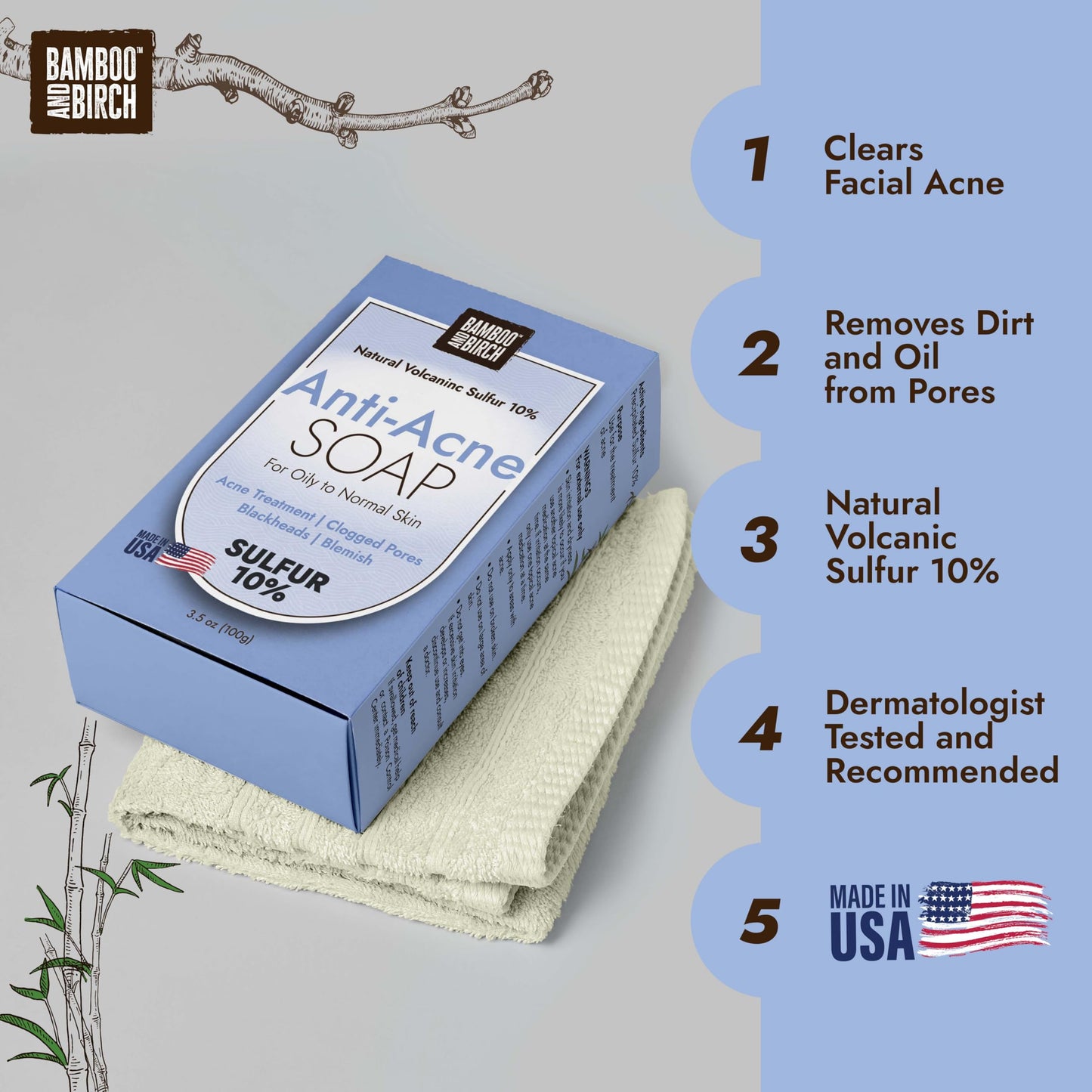 BAMBOO & BIRCH Sulfur Acne Soap Bar 10% with Salicylic Acid – Face & Body, Reduces Oil & Pimples, 3.5 oz, All Skin Types