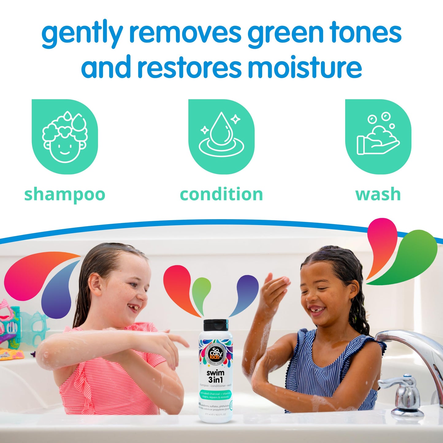 SoCozy Kids Swim 3-in-1 Shampoo, Conditioner & Body Wash – Chlorine & Salt Removing Hair & Body Cleanser with Activated Charcoal, 10.5 fl oz