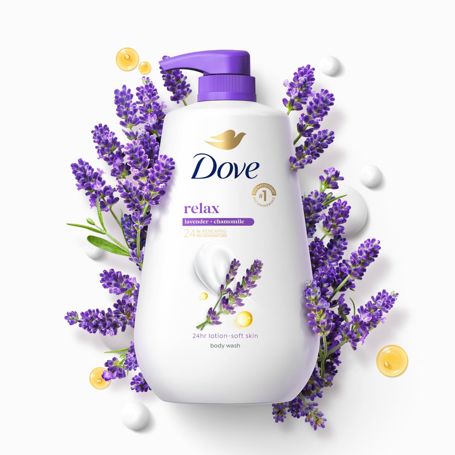 Dove Body Wash with Pump Relax Lavender Oil & Chamomile For 24hr Lotion-Soft Skin Moisturizing Skin Cleanser with No Sulfates No Parabens 30.6 Oz