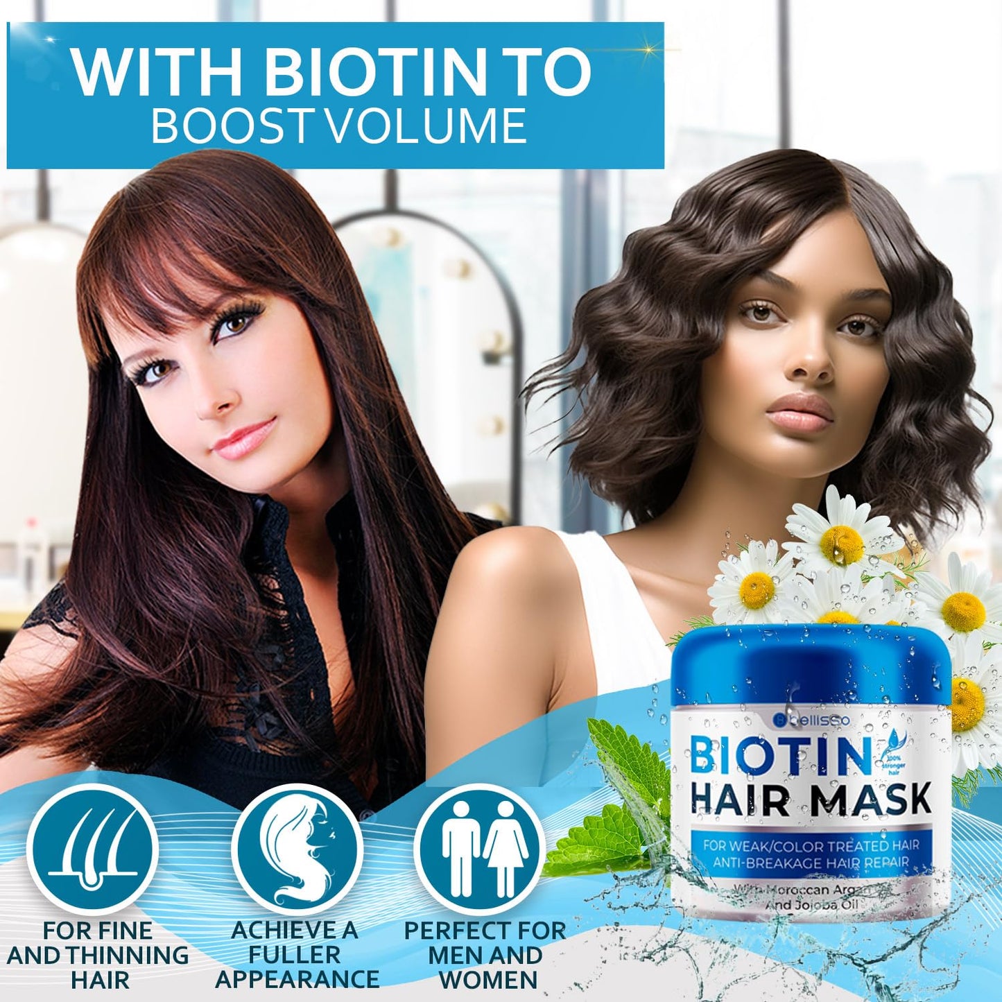 Biotin Hair Mask - Deep Conditioning Repair Treatment for Dry, Damaged or Curly Hair - Boosts Volume & Hydration - Sulfate & Paraben Free