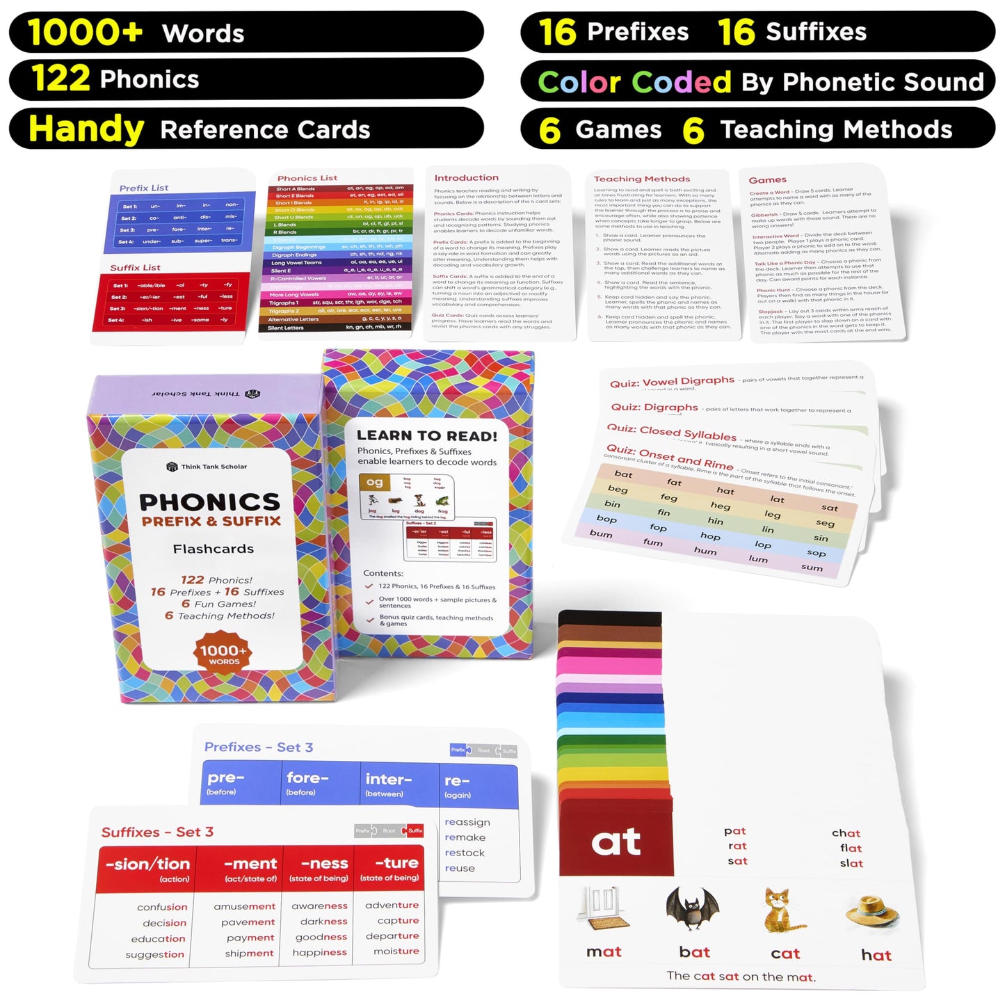 Phonics & Vocabulary Flash Cards – 1000+ Words, Prefixes, Suffixes, CVC, Games & Visuals – Ages 4–8, Pre-K to 3rd Grade