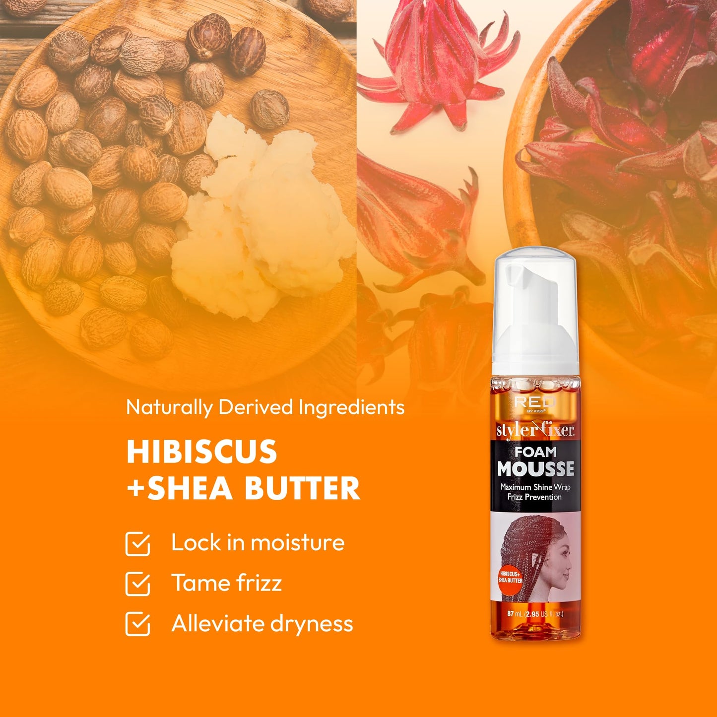 Red by Kiss Foaming Mini Travel Mousse – Hibiscus & Shea Butter, Anti-Frizz Curl Defining Wrap Foam, Adds Shine & Nourishes Dry Hair