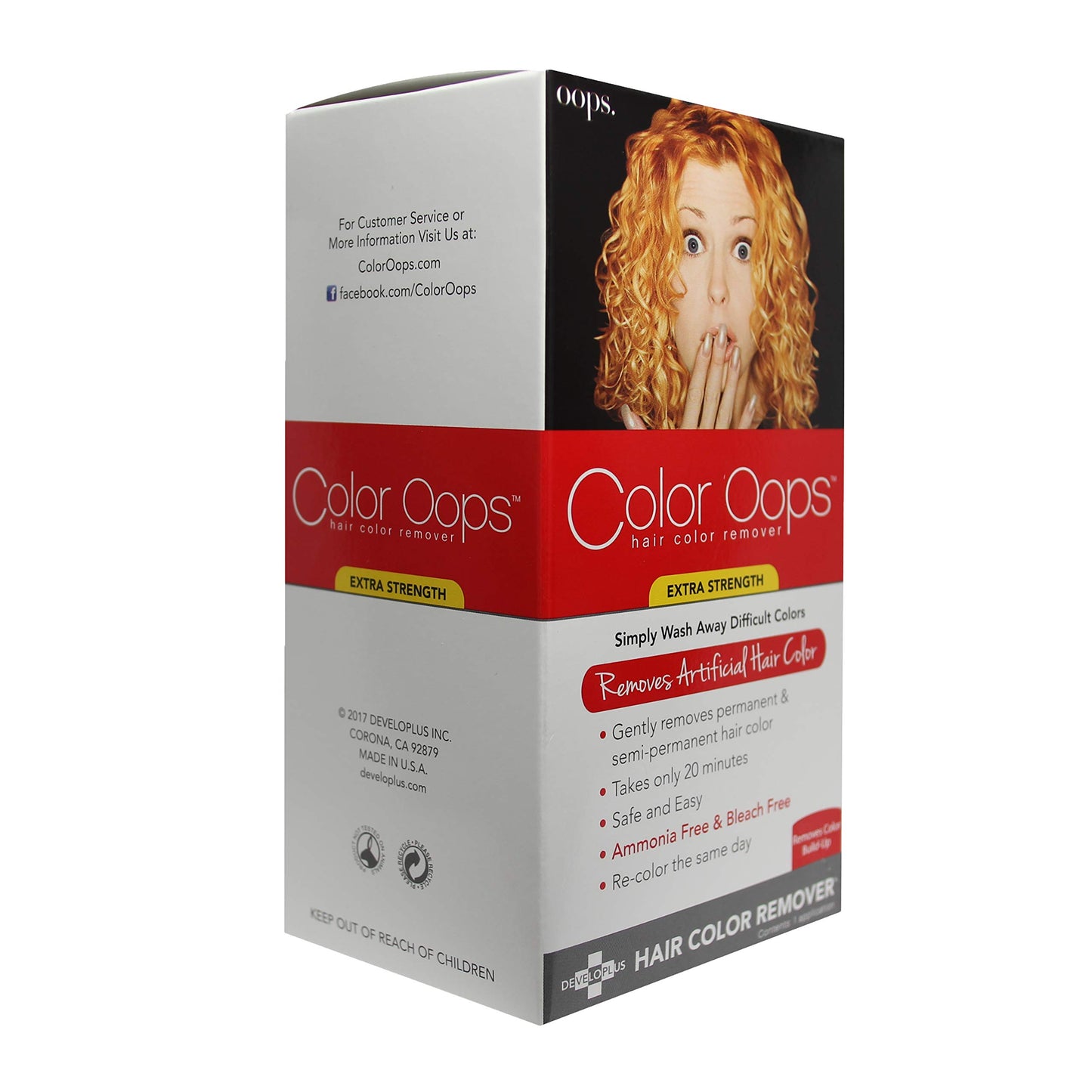 Color Oops hair color remover box with a woman with red hair on a white background