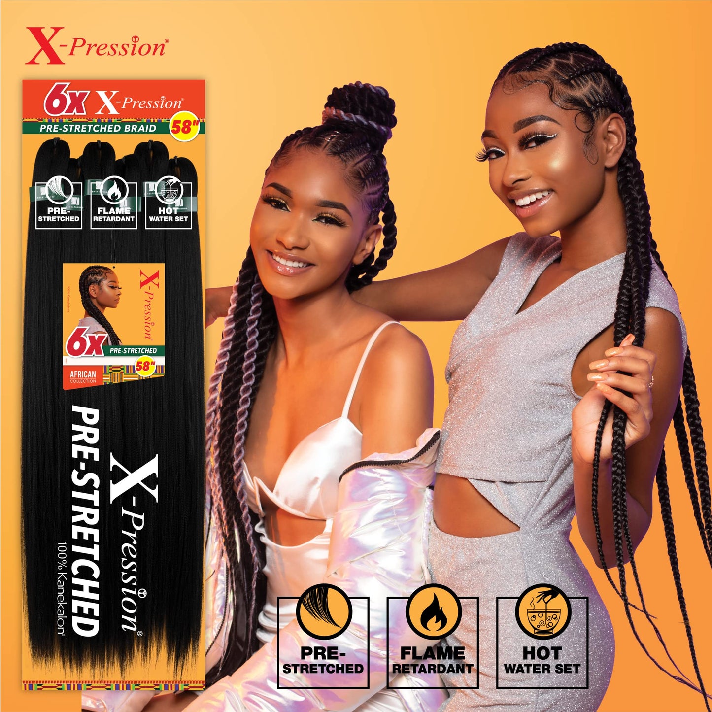 Sensationnel X-Pression 6X Pre-Stretched Braiding Hair 58" – Kanekalon Flame Retardant Synthetic Hair for Box Braids & Twists (1B Off Black)