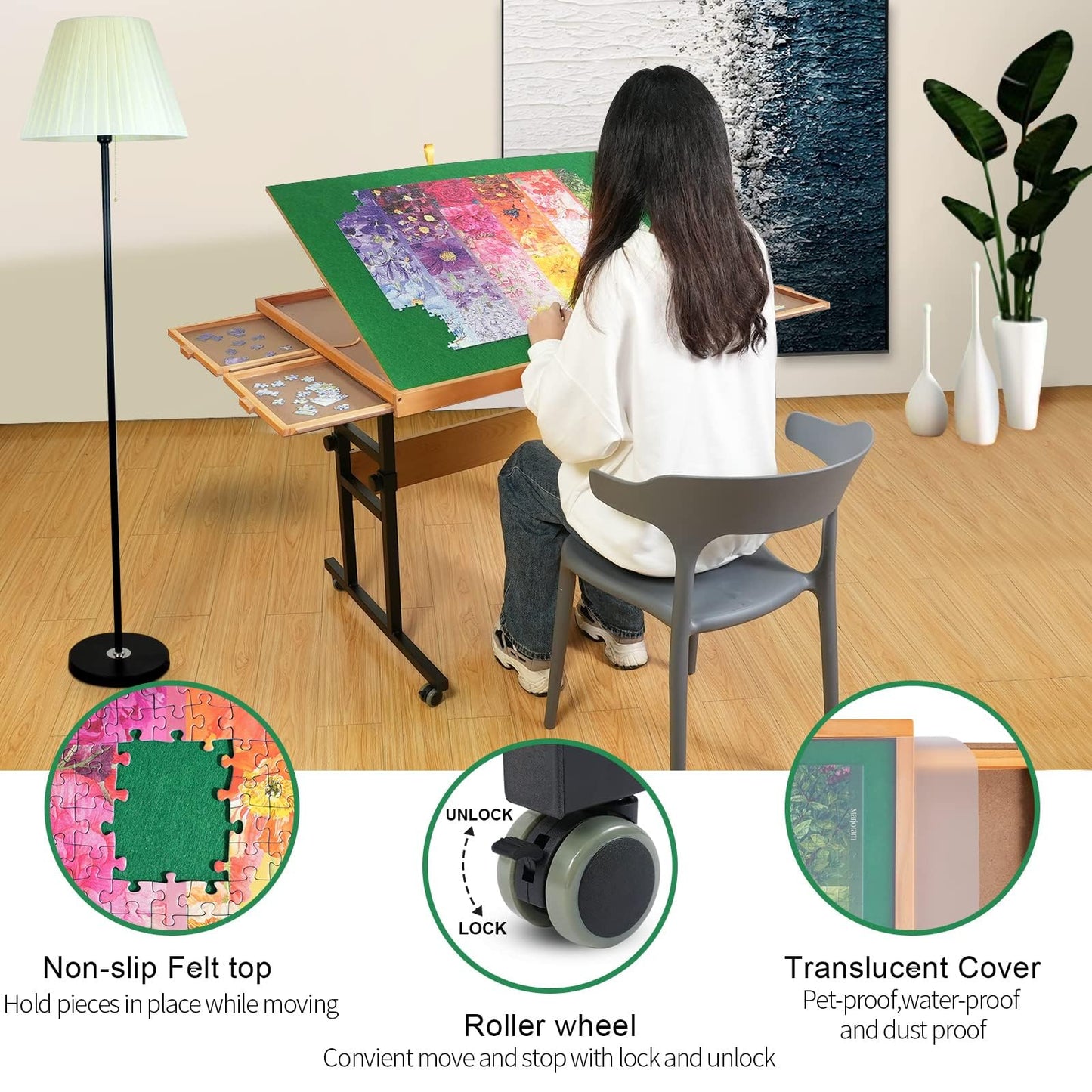 ALL4JIG 1500-Piece Jigsaw Puzzle Table – 25"x34" Adjustable Wooden Table with 3 Tilt Angles, 4 Drawers & Cover, Portable Puzzle Board Gift