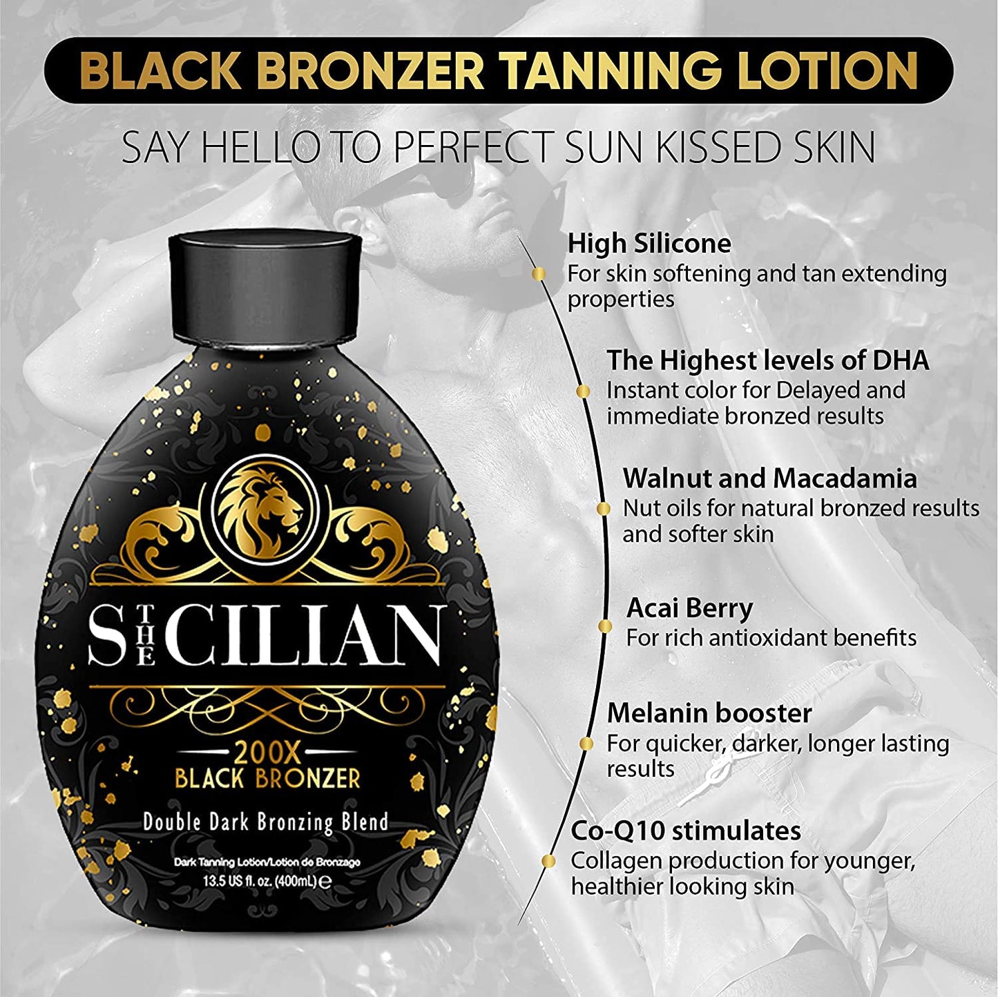 The Sicilian 200X Dark Black Bronzer Tanning Lotion – Gradual Sunless Tanner for Glowing, Nourished Skin