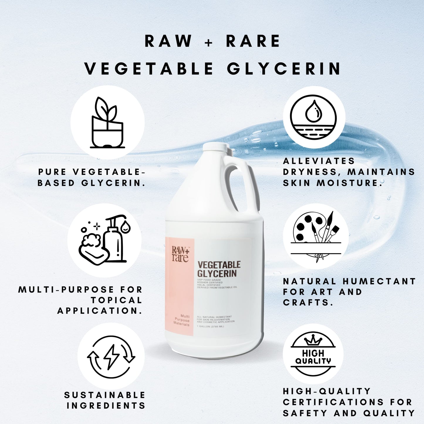 Raw Plus Rare Natural Glycerin 128 fl oz – Bulk Gallon, USP Food & Cosmetic Grade, Hair & Skin Care, Soap Making, Kosher & Halal