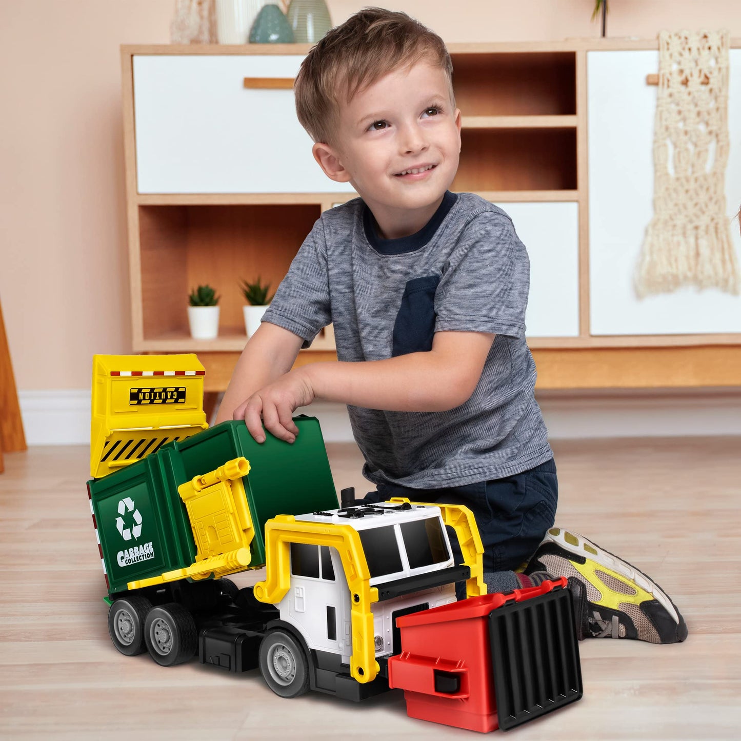 JOYIN Large Friction Garbage Truck Toy Set with Dumpster, Trash Bins & Learning Cards – Toddler Boys & Girls Birthday & Christmas Gift