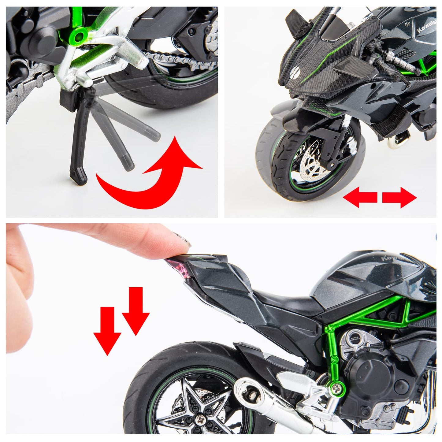 BDTCTK Compatible for 1:12 Kawasaki Ninja H2R Motorcycle DieCast Model, Suspension and Free Roller, Toy Car, Motorcycle Collection, Gift Black