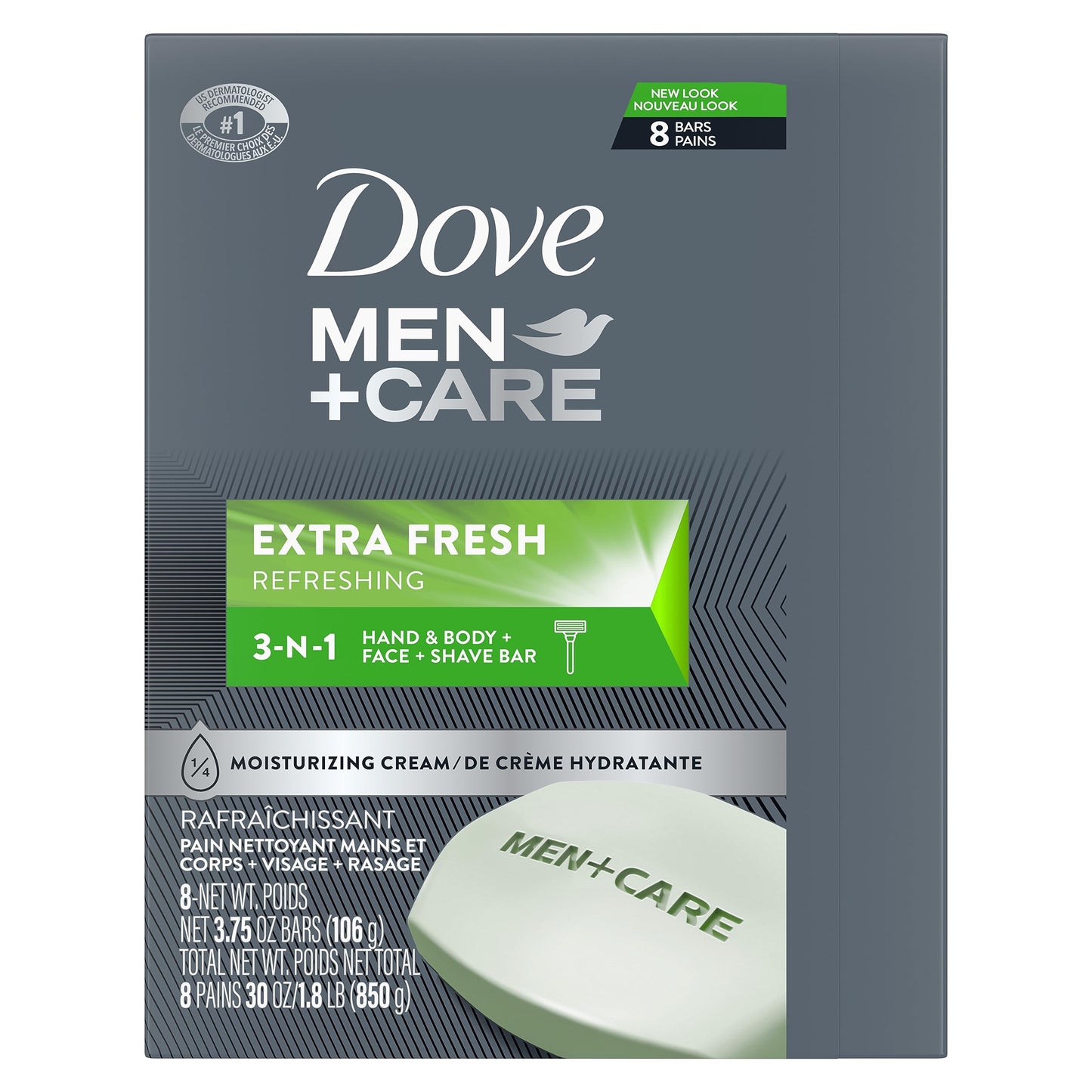 DOVE MEN+CARE 3-in-1 Bar Cleanser for Body, Face & Shaving, Extra Fresh, Moisturizing Soap Alternative, 3.75oz, Pack of 8
