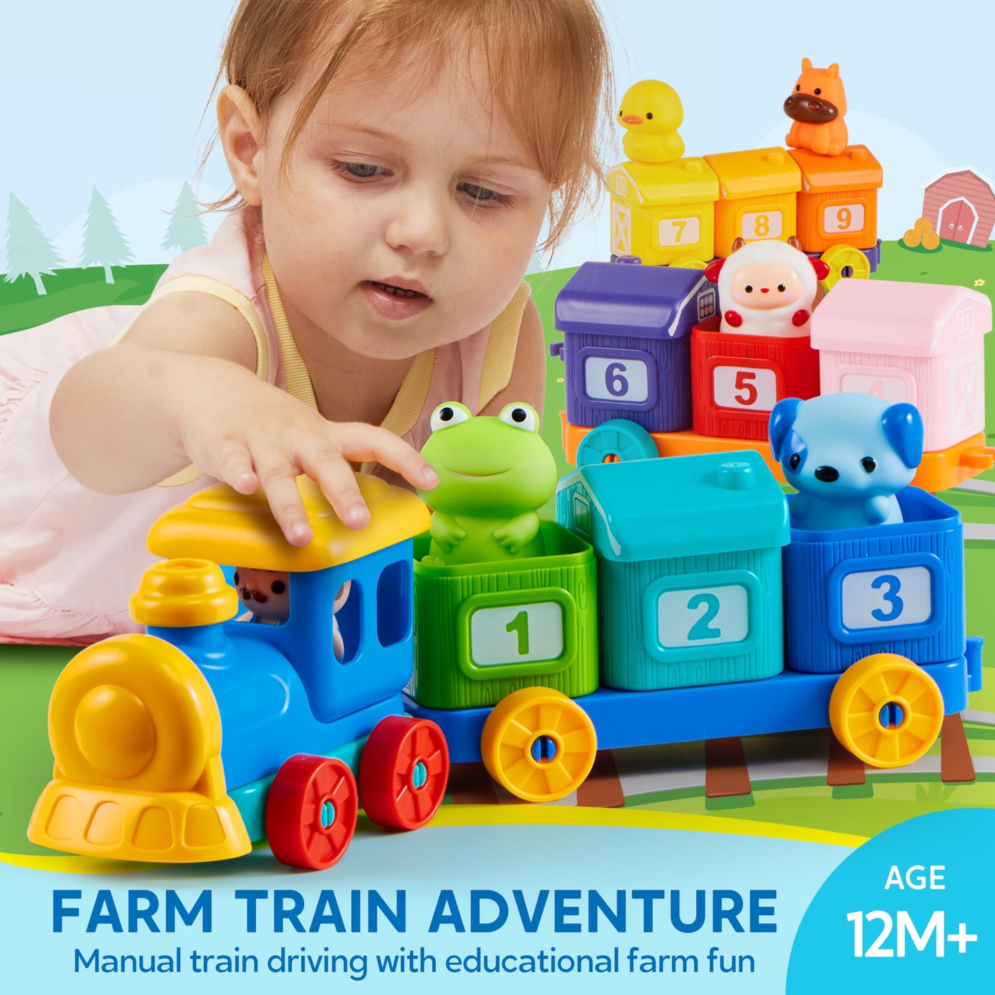 Montessori Farm Train Learning Toy for Toddlers 1-3, Counting, Matching & Sorting with 9 Animals & Farmer – Birthday, Easter, Christmas Gift