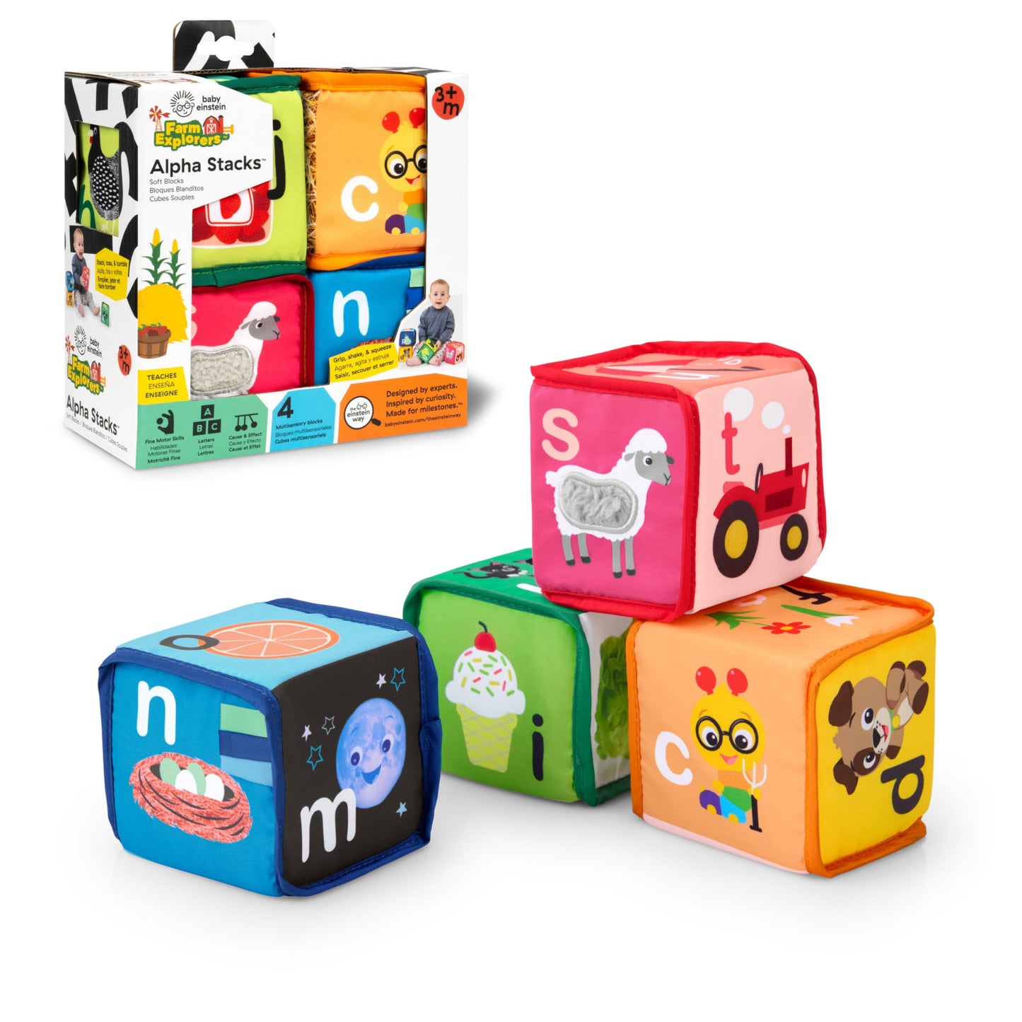 Baby Einstein Alpha Stacks Soft Learning Blocks – Multisensory Stacking Toy Set with Letters, Animals, Colors & Textures, Ages 3 Months+