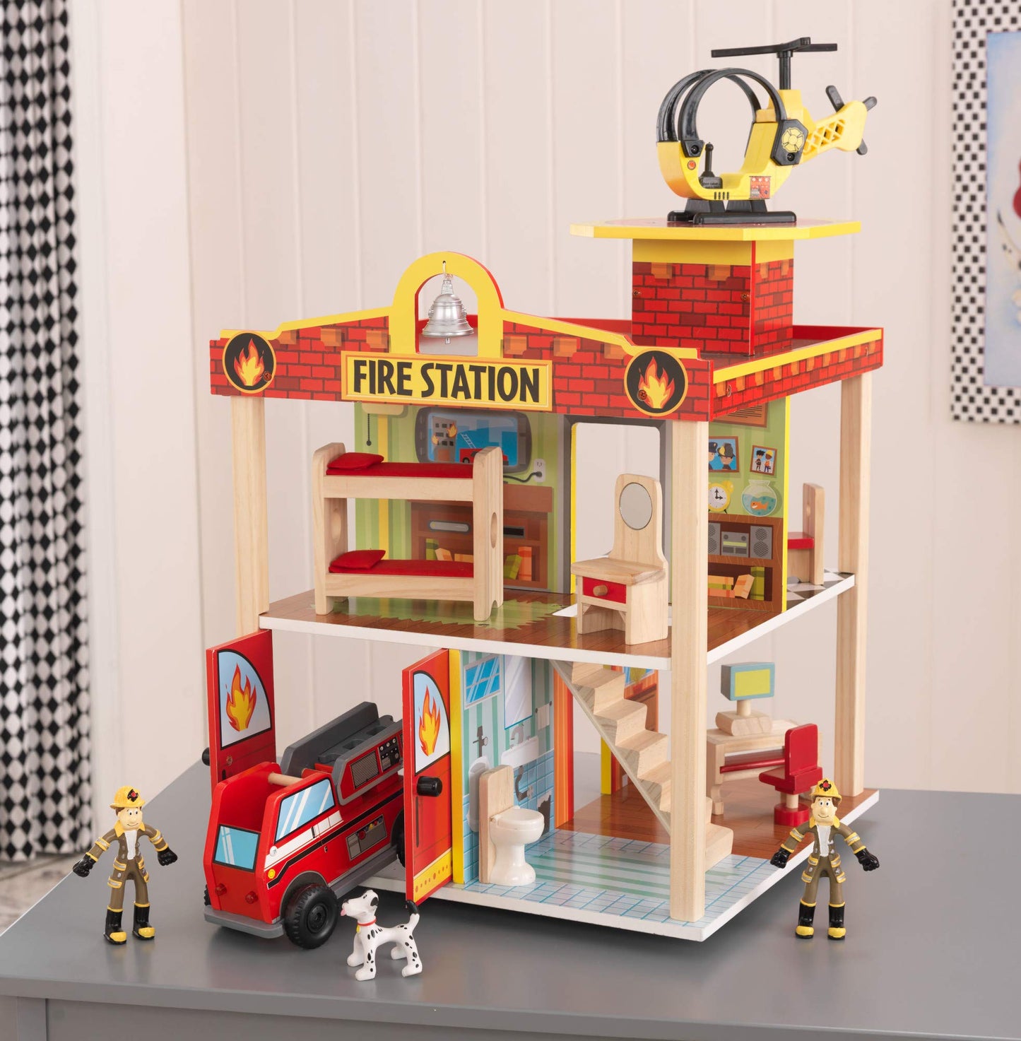 KidKraft Wooden Fire Station Set with 15 Accessories Including Helicopter, Bendable Figures and Dalmatian Dog