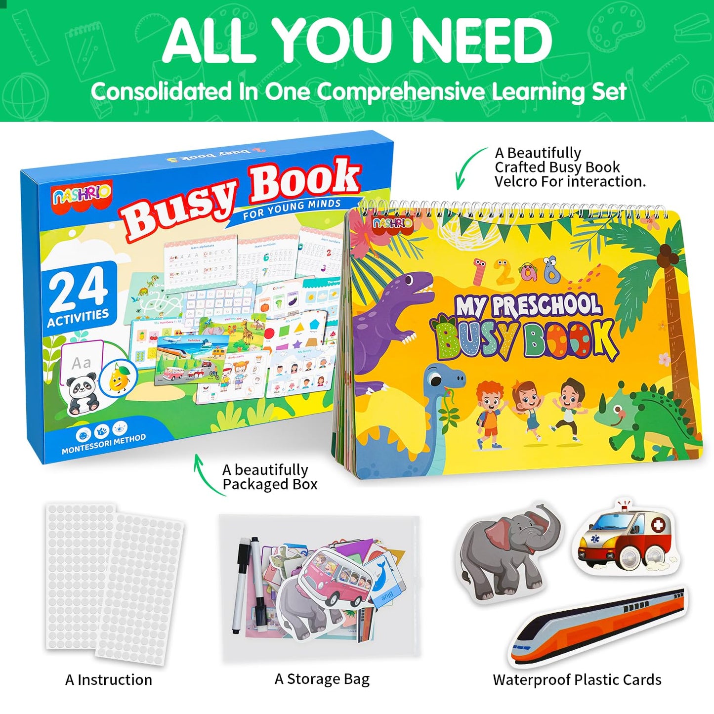 NASHRIO Montessori Busy Book for Toddlers 3-5 - 24 Themes Educational Learning Toy for Kids 3-6, Preschool Activities for Home, School & Travel