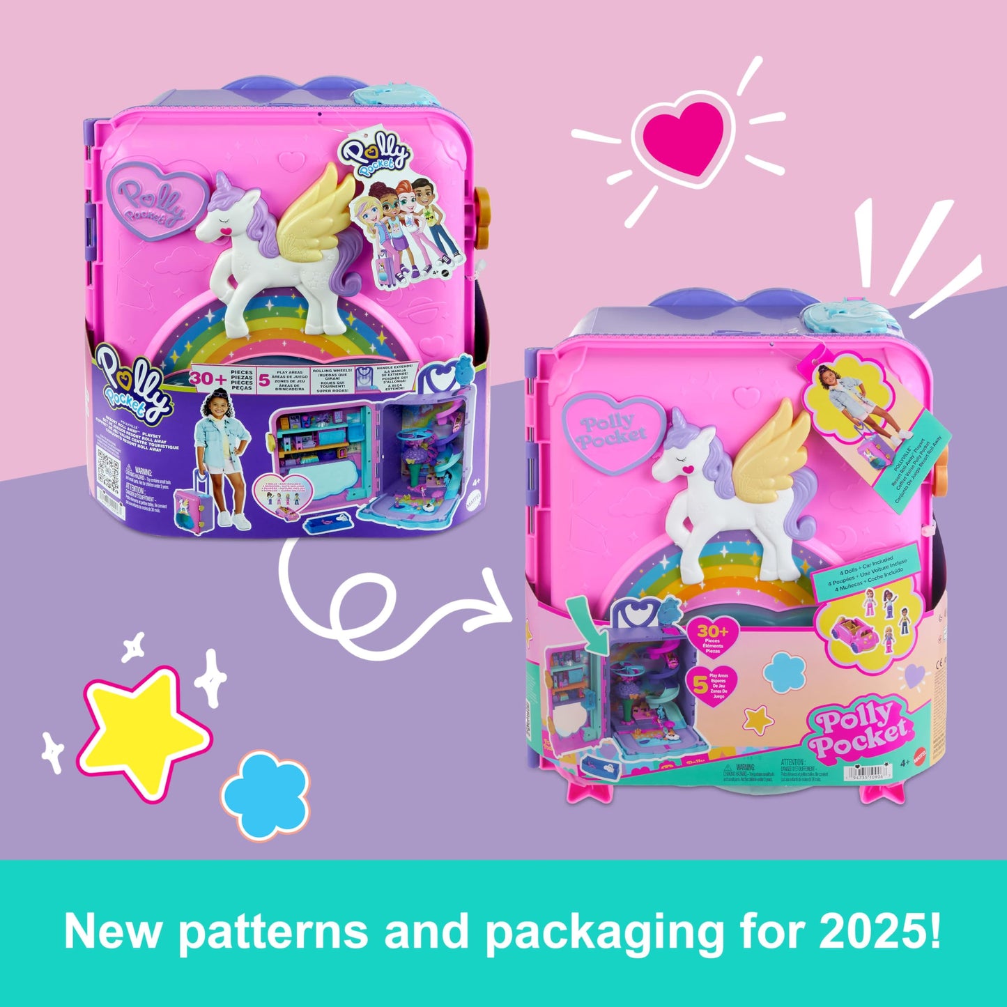 Polly Pocket Dolls, Playset and Travel Toys, 4 Dolls, 1 Vehicle, 25+ Accessories, Resort Roll Away (Amazon Exclusive)